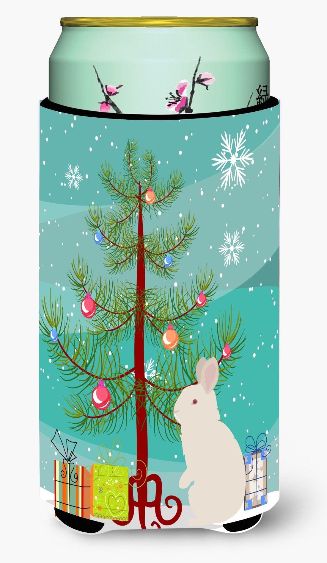 New Zealand White Rabbit Christmas Tall Boy Hugger Can Cooler Sleeve Machine Washable Drink Collapsible Insulator Beverage Insulated Holder