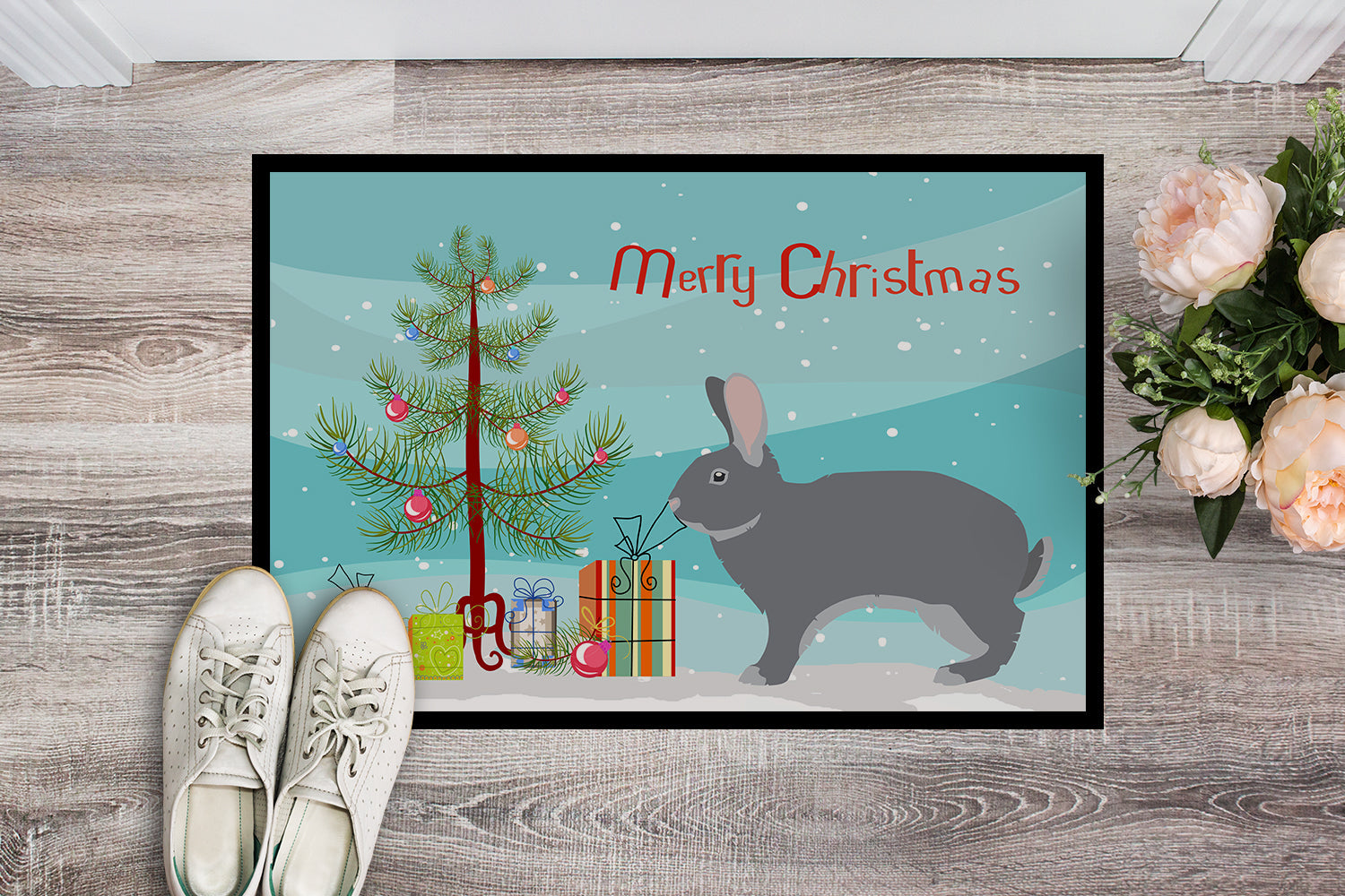 Giant Chinchilla Rabbit Christmas Doormat Indoor Outdoor 18H X 27W Front Door Mat Rugs for Entryway, Non Slip Washable
