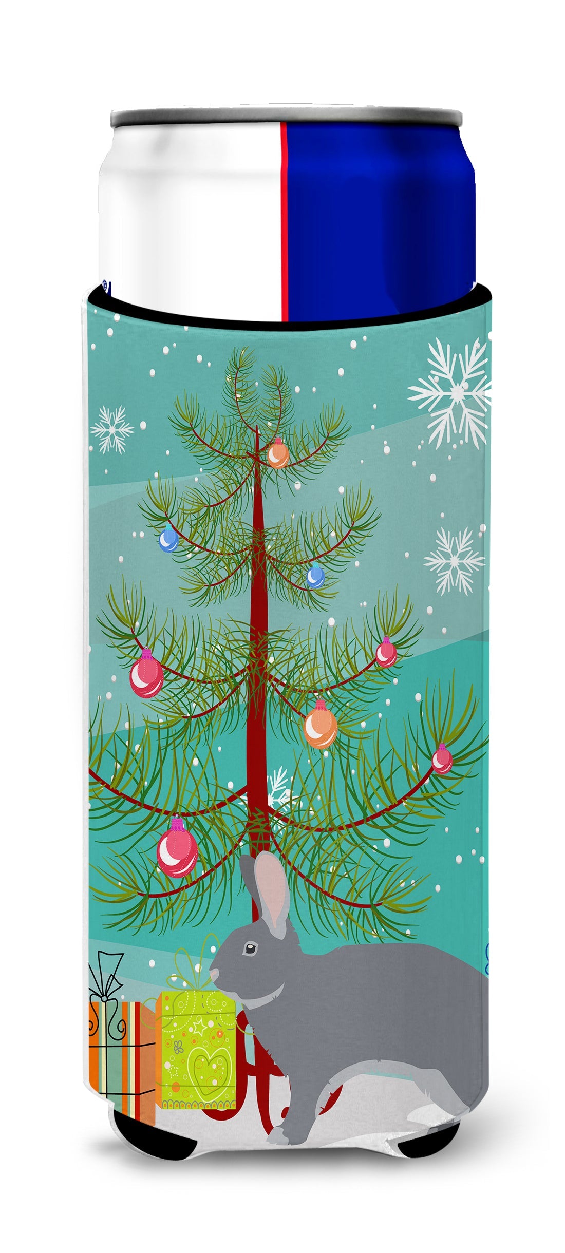 Giant Chinchilla Rabbit Christmas Slim Can Hugger , Insulated Foam Hugger for 12 oz Slim Cans, Beer Bottles & Water Bottles, Printed in USA