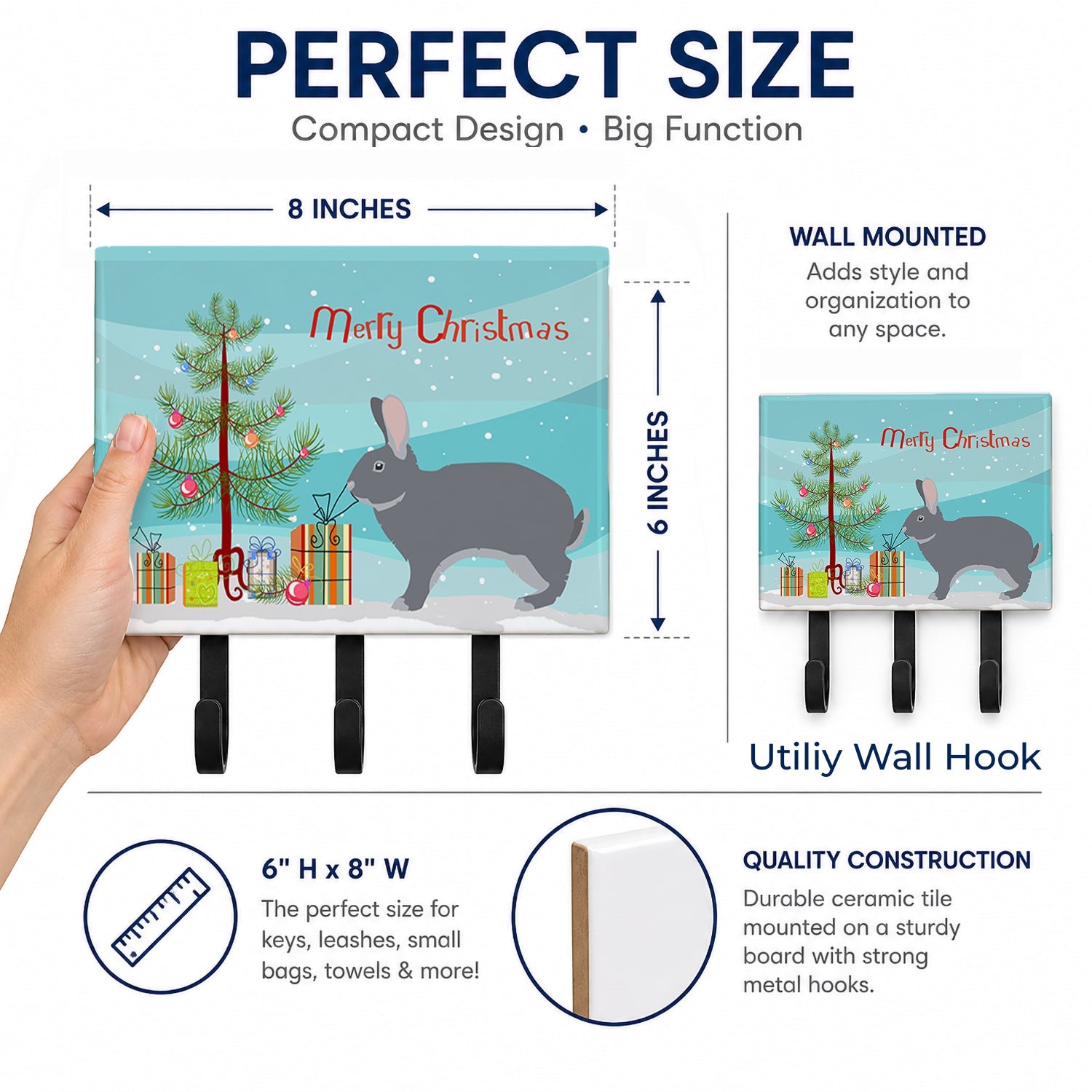 Giant Chinchilla Rabbit Christmas Leash or Key Holder Wall Hooks, Coat Rack Wall Mount, for Hanging Keys, Towels, Aprons, Leashes