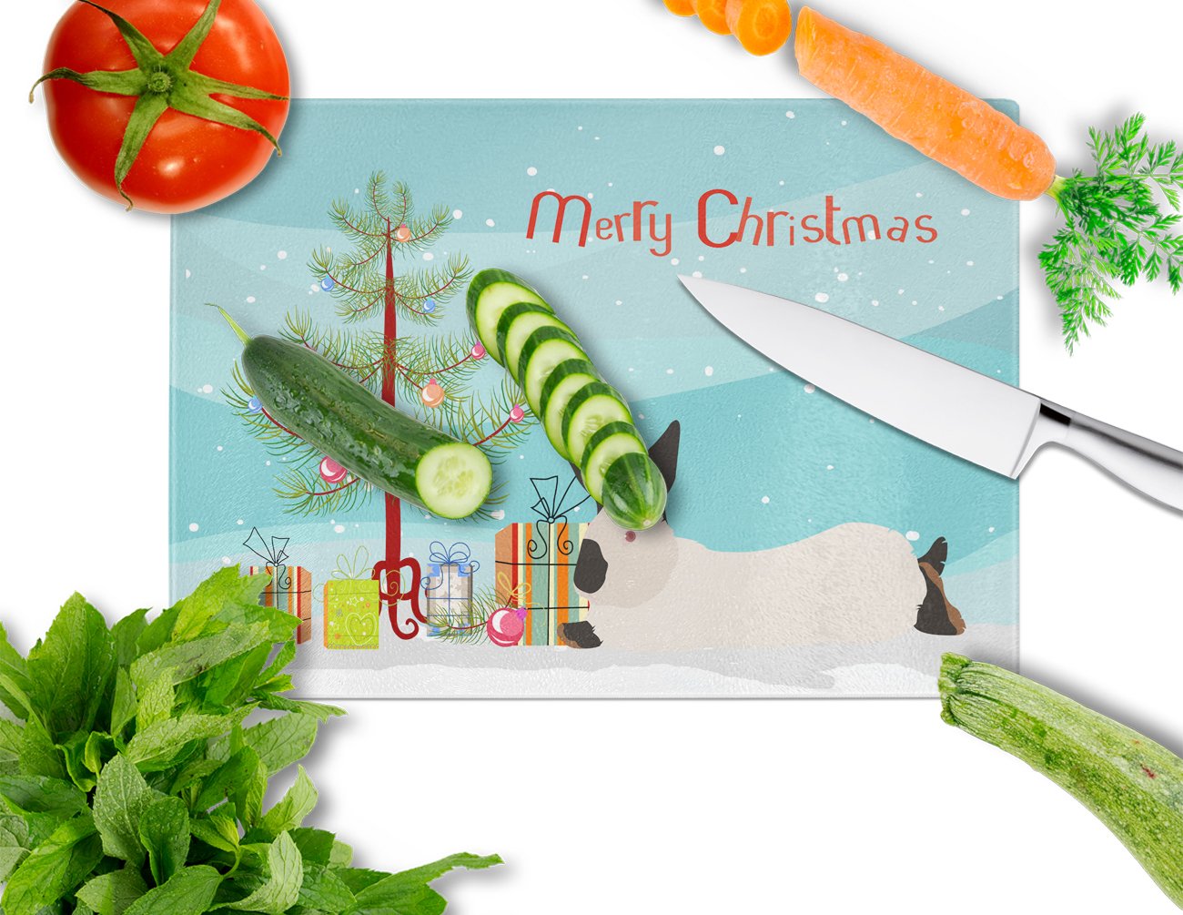 California White Rabbit Christmas Cutting Board Tempered Glass Kitchen Cutting Surface, Heat Resistant Chopping, Non-Slip Feet, Food Prep & Serving