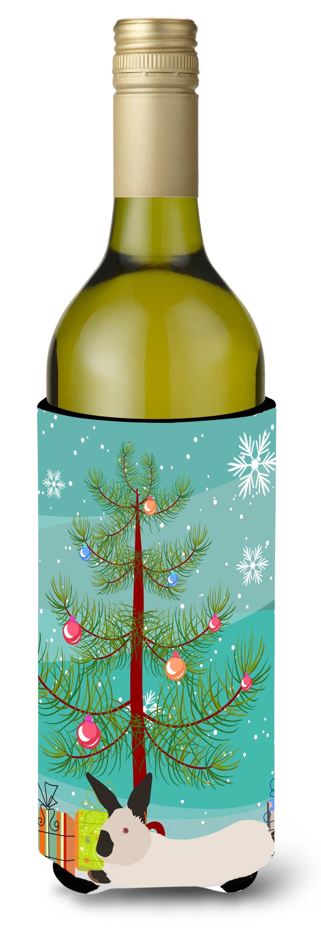 California White Rabbit Christmas Wine Bottle Hugger Gift Sleeve for Standard 750 ml Bottles, Insulated Reusable Also Fits Mini Shot & Pint Bottles