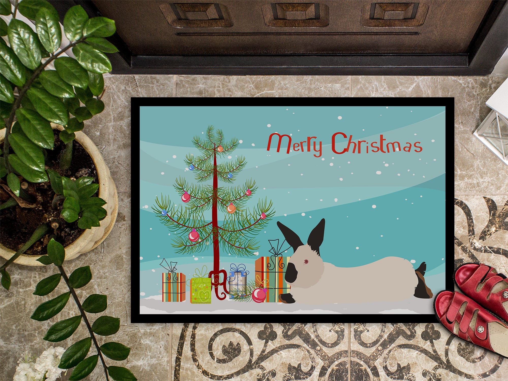 California White Rabbit Christmas Doormat Indoor Outdoor 18H X 27W Front Door Mat Rugs for Entryway, Non Slip Washable