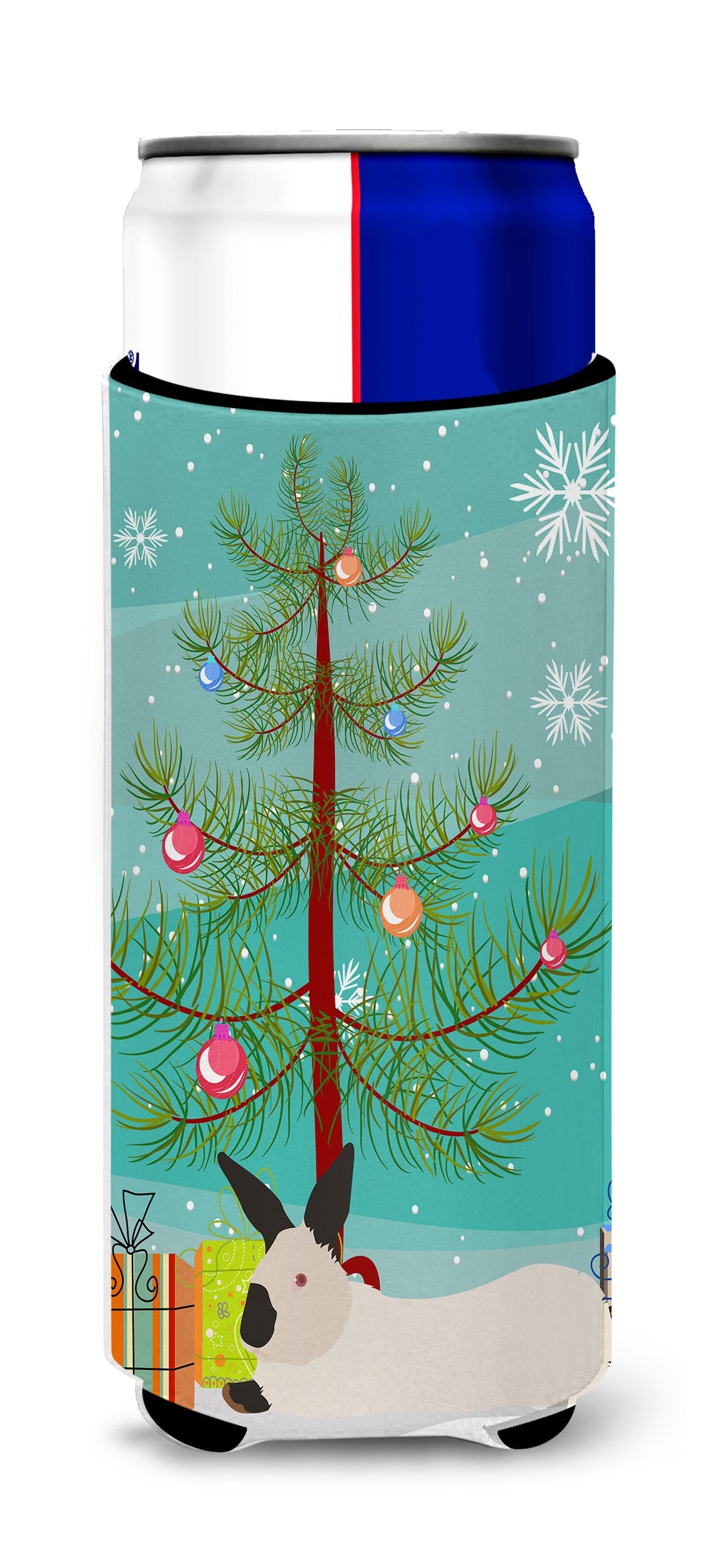 California White Rabbit Christmas Slim Can Hugger , Insulated Foam Hugger for 12 oz Slim Cans, Beer Bottles & Water Bottles, Printed in USA