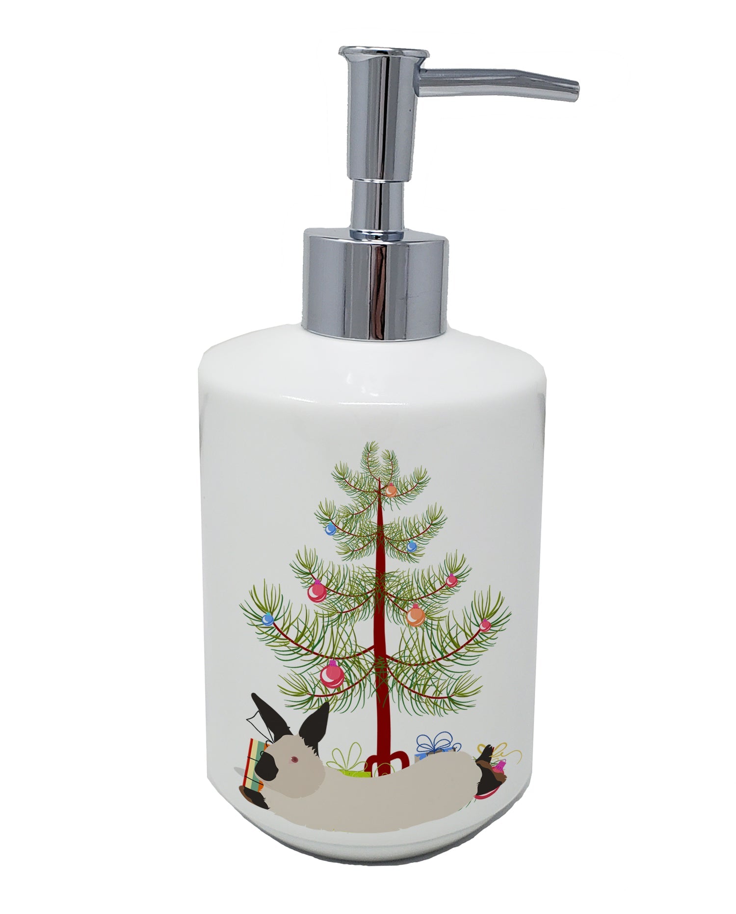 California White Rabbit Christmas Ceramic Soap Dispenser , Empty Refillable Hand Soap Pump Bottle for Bathroom Kitchen