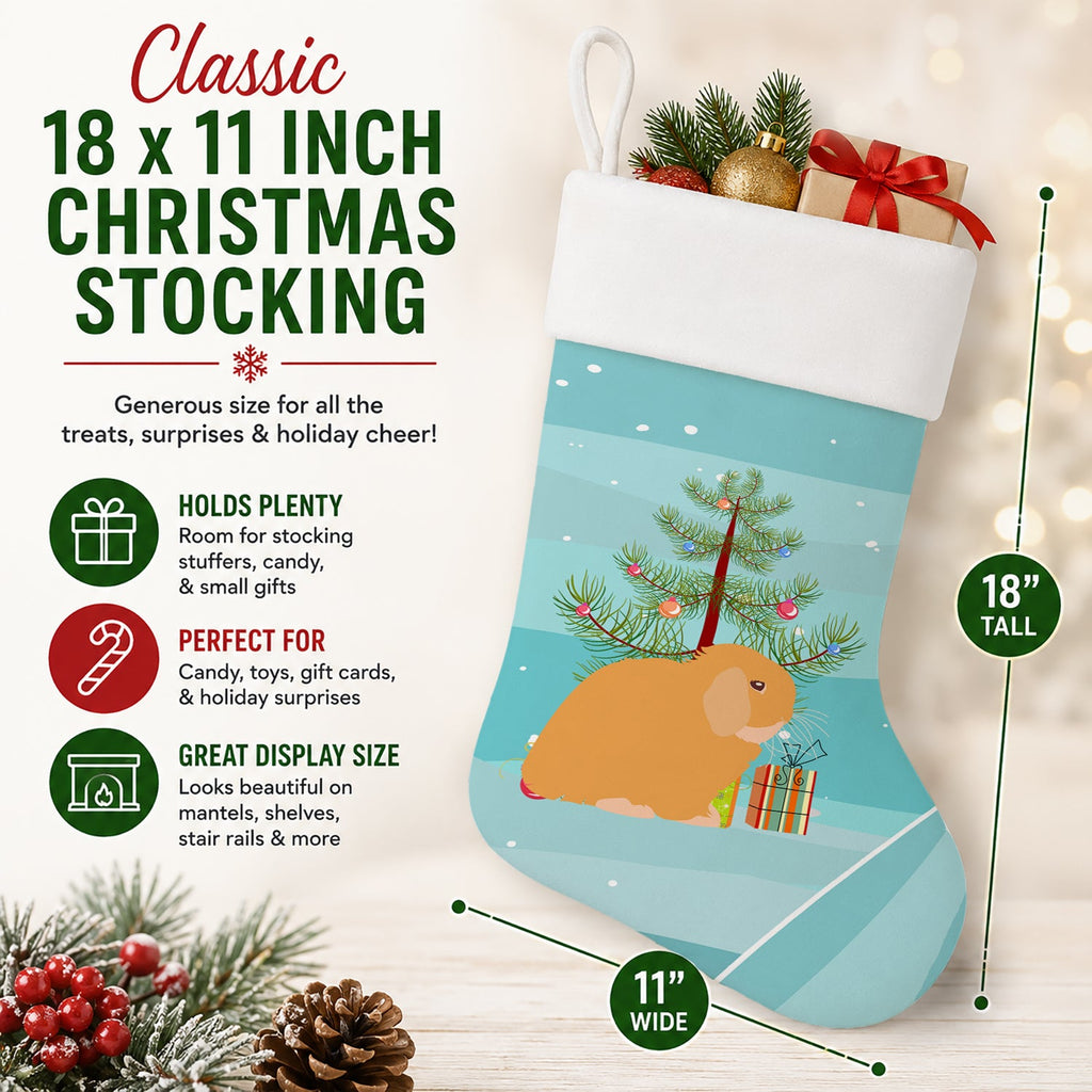Holland Lop Rabbit Christmas Holiday Stocking Double-Sided Print, Polyester Suede,11x18, Made in USA