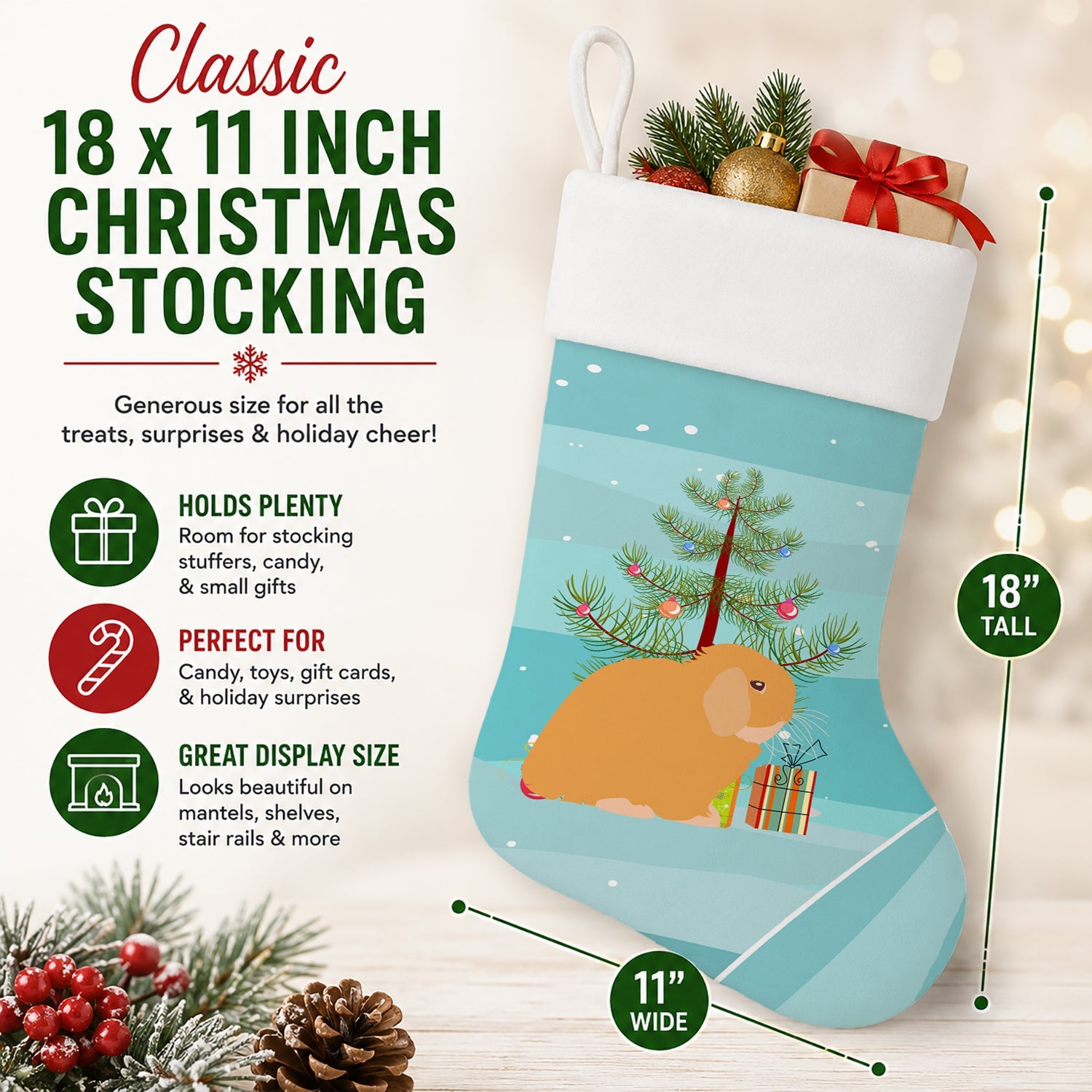 Holland Lop Rabbit Christmas Holiday Stocking Double-Sided Print, Polyester Suede,11x18, Made in USA