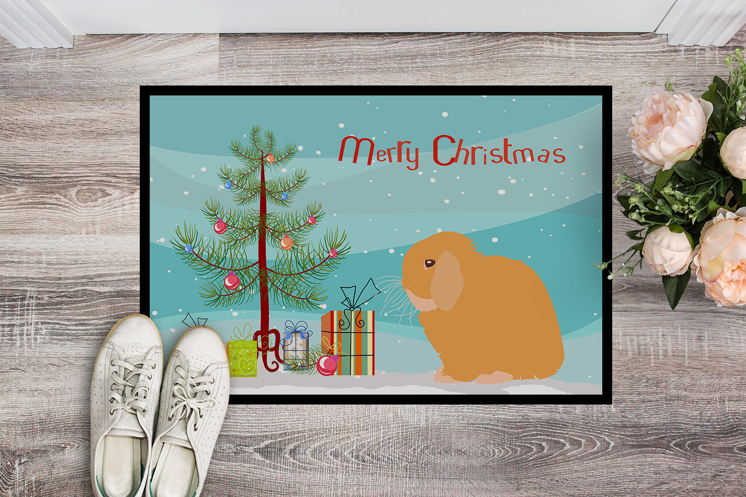 Holland Lop Rabbit Christmas Doormat Indoor Outdoor 24H X 36W Front Door Mat Rugs for Entryway, Non Slip Washable Low Pile,