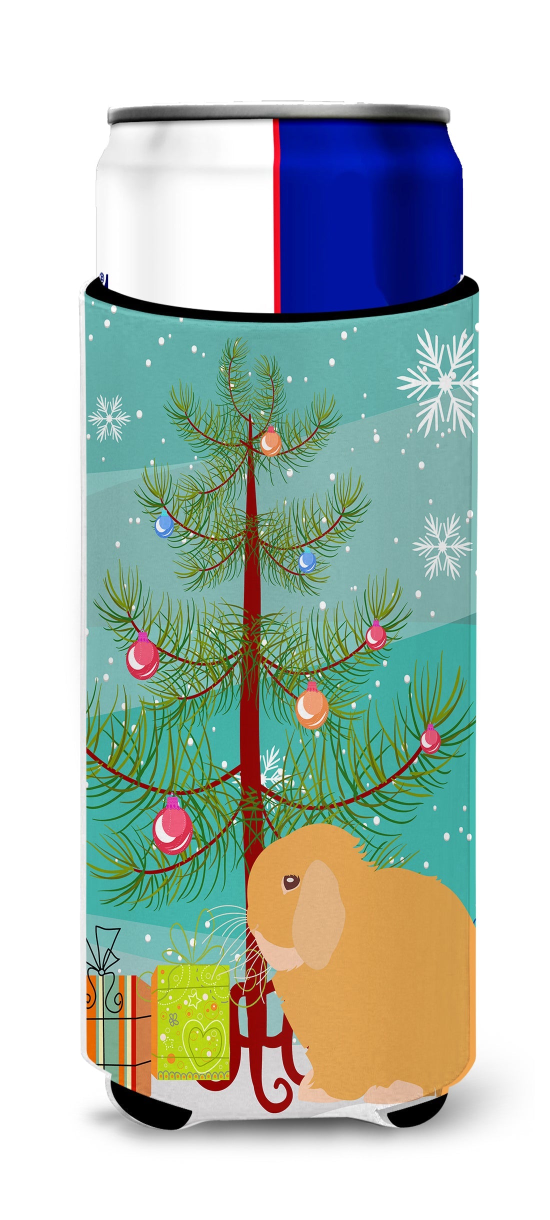 Holland Lop Rabbit Christmas Slim Can Hugger , Insulated Foam Hugger for 12 oz Slim Cans, Beer Bottles & Water Bottles, Printed in USA