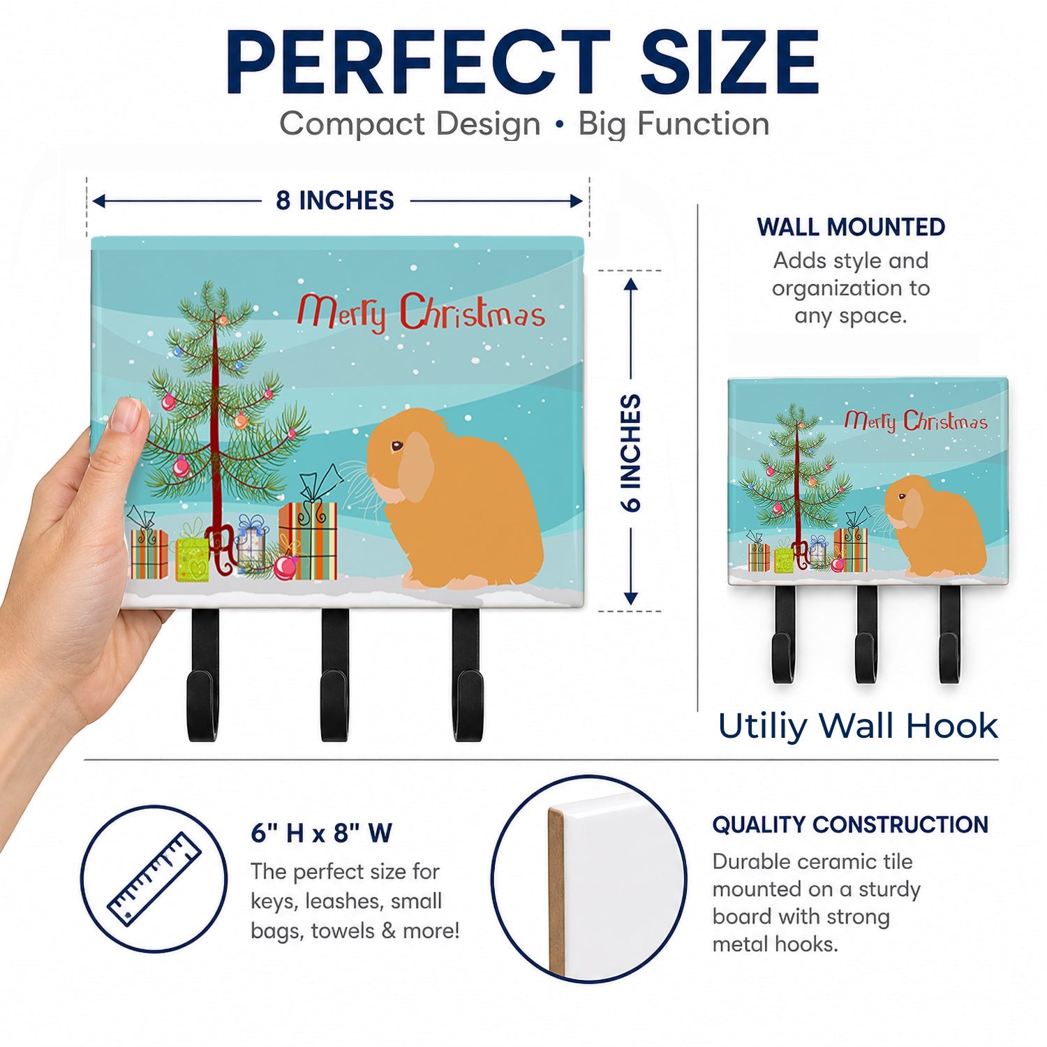 Holland Lop Rabbit Christmas Leash or Key Holder Wall Hooks, Coat Rack Wall Mount, for Hanging Keys, Towels, Aprons, Leashes