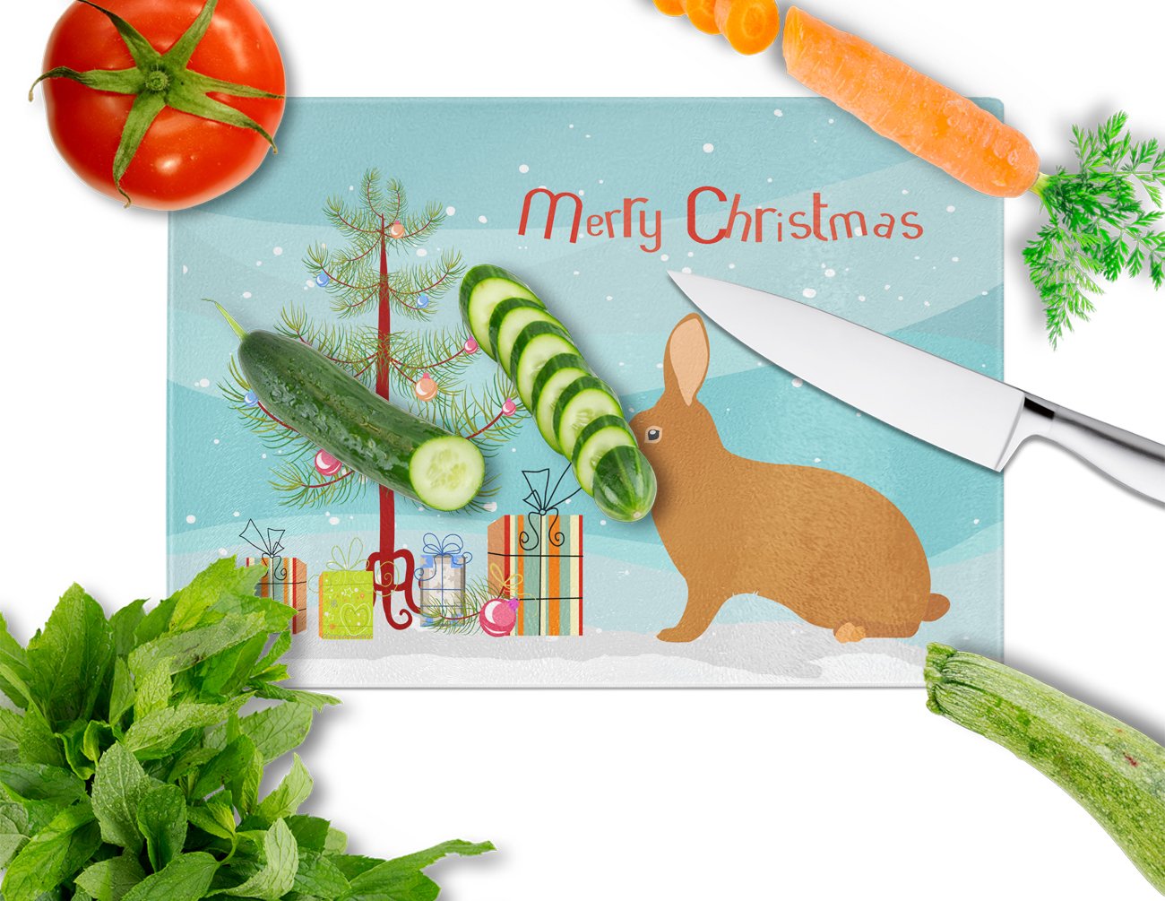 Rex Rabbit Christmas Cutting Board Tempered Glass Kitchen Cutting Surface, Heat Resistant Chopping, Non-Slip Feet, Food Prep & Serving