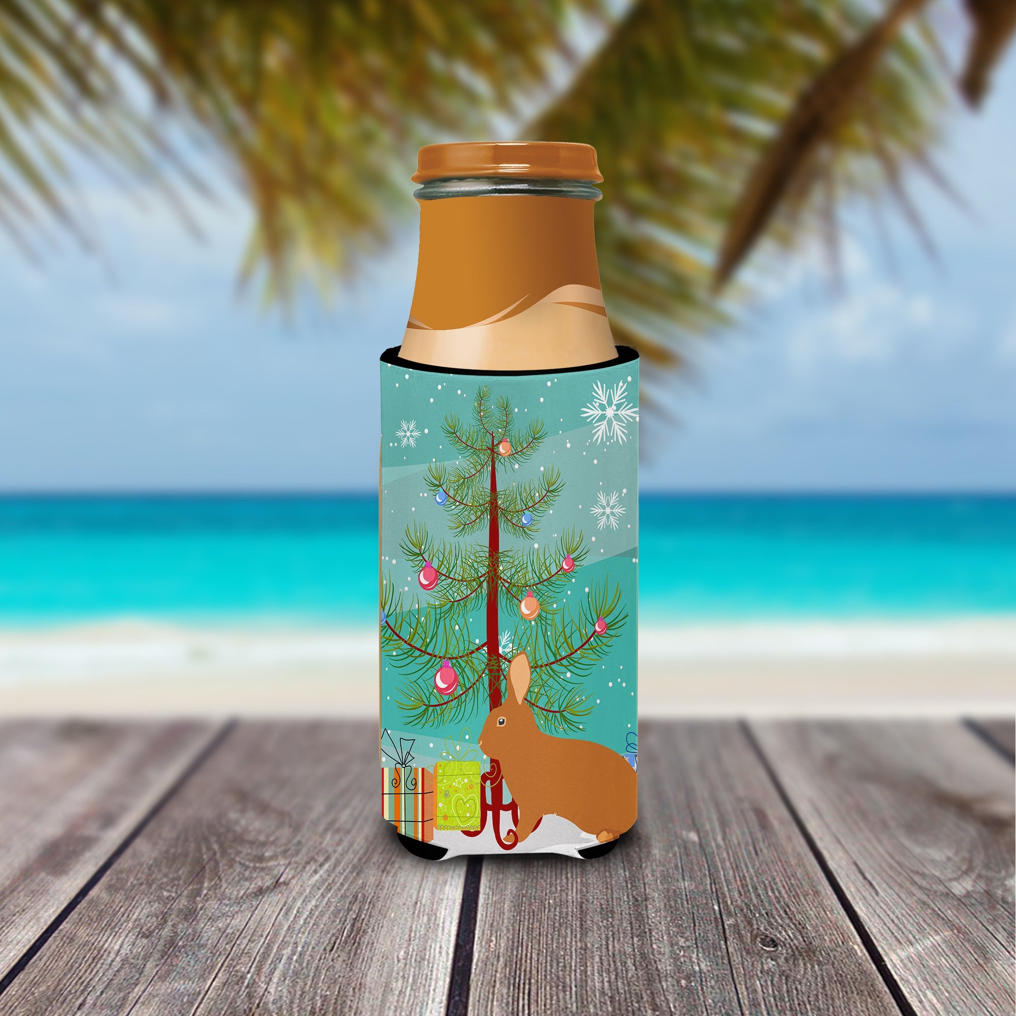 Rex Rabbit Christmas Slim Can Hugger , Insulated Foam Hugger for 12 oz Slim Cans, Beer Bottles & Water Bottles, Printed in USA