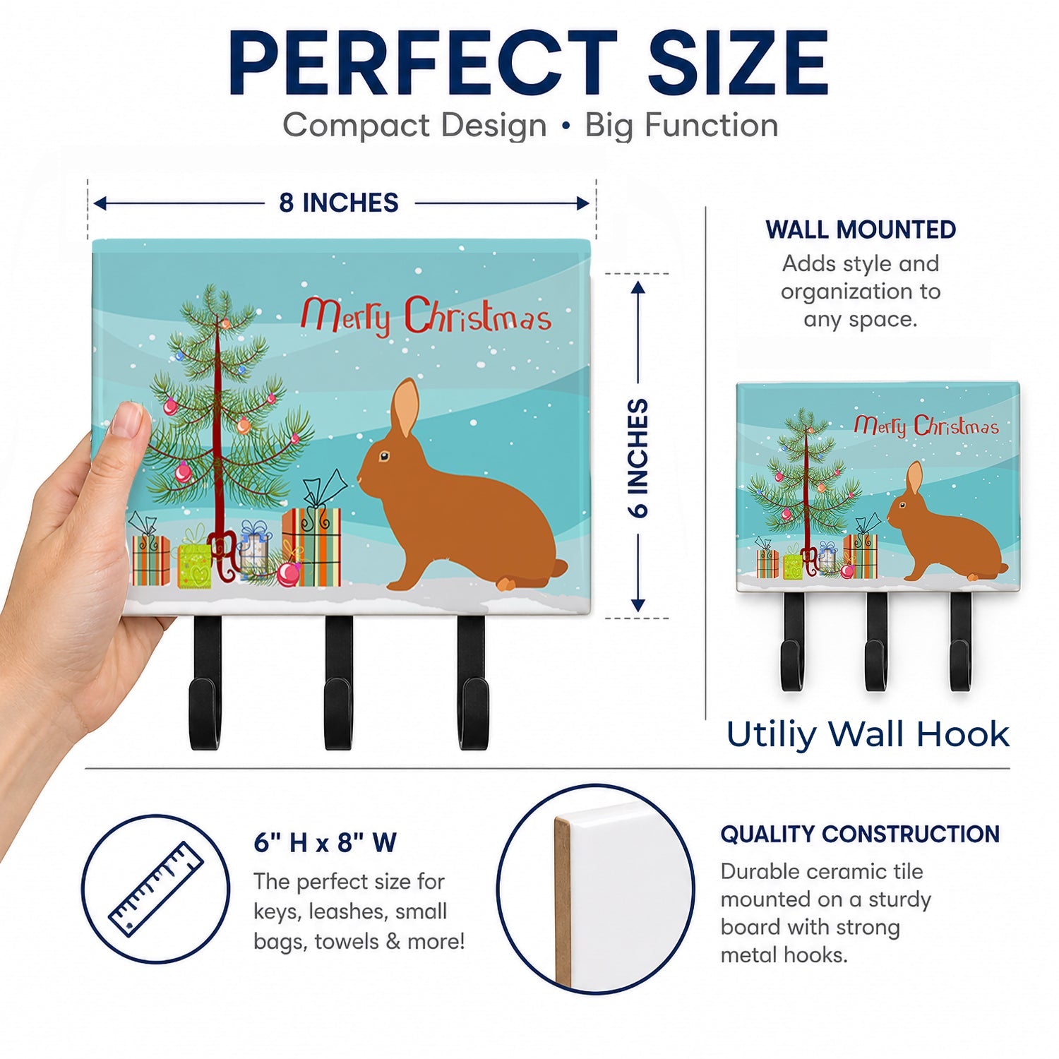 Rex Rabbit Christmas Leash or Key Holder Wall Hooks, Coat Rack Wall Mount, for Hanging Keys, Towels, Aprons, Leashes