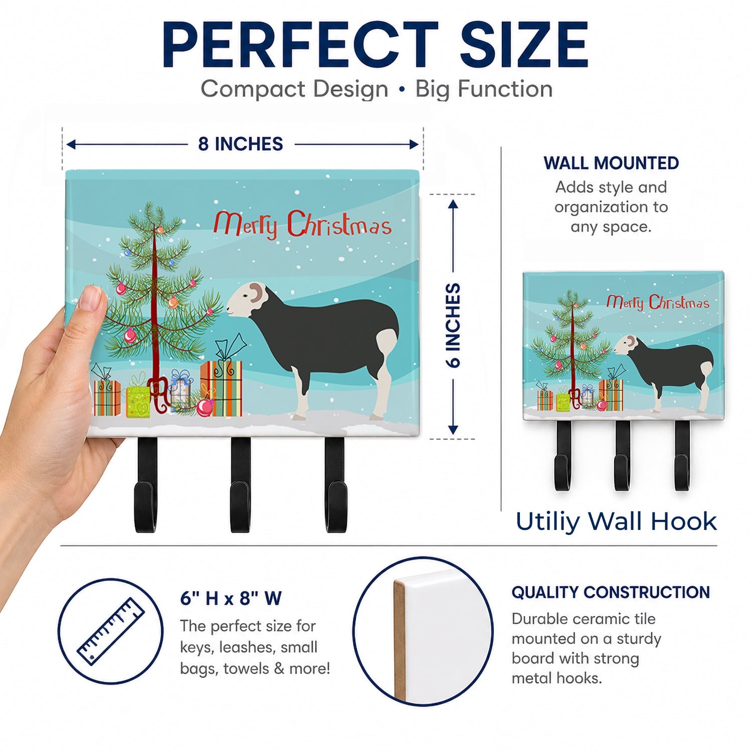 Herwick Sheep Christmas Leash or Key Holder Wall Hooks, Coat Rack Wall Mount, for Hanging Keys, Towels, Aprons, Leashes