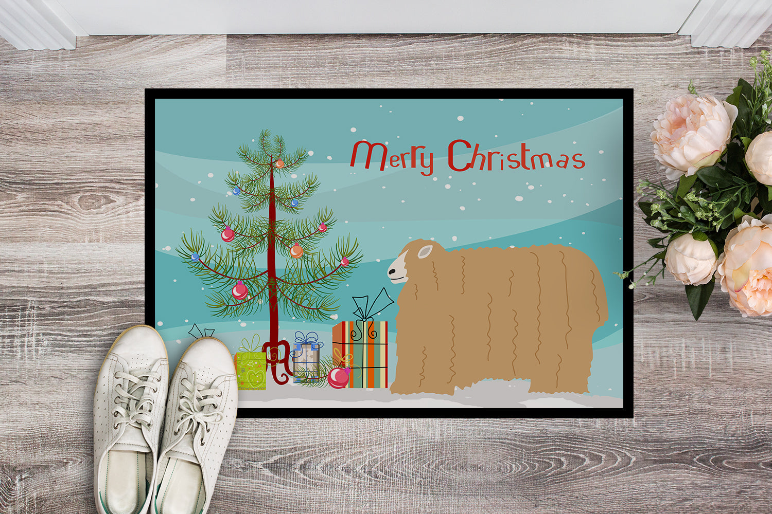 Lincoln Longwool Sheep Christmas Doormat Indoor Outdoor 24H X 36W Front Door Mat Rugs for Entryway, Non Slip Washable Low Pile,