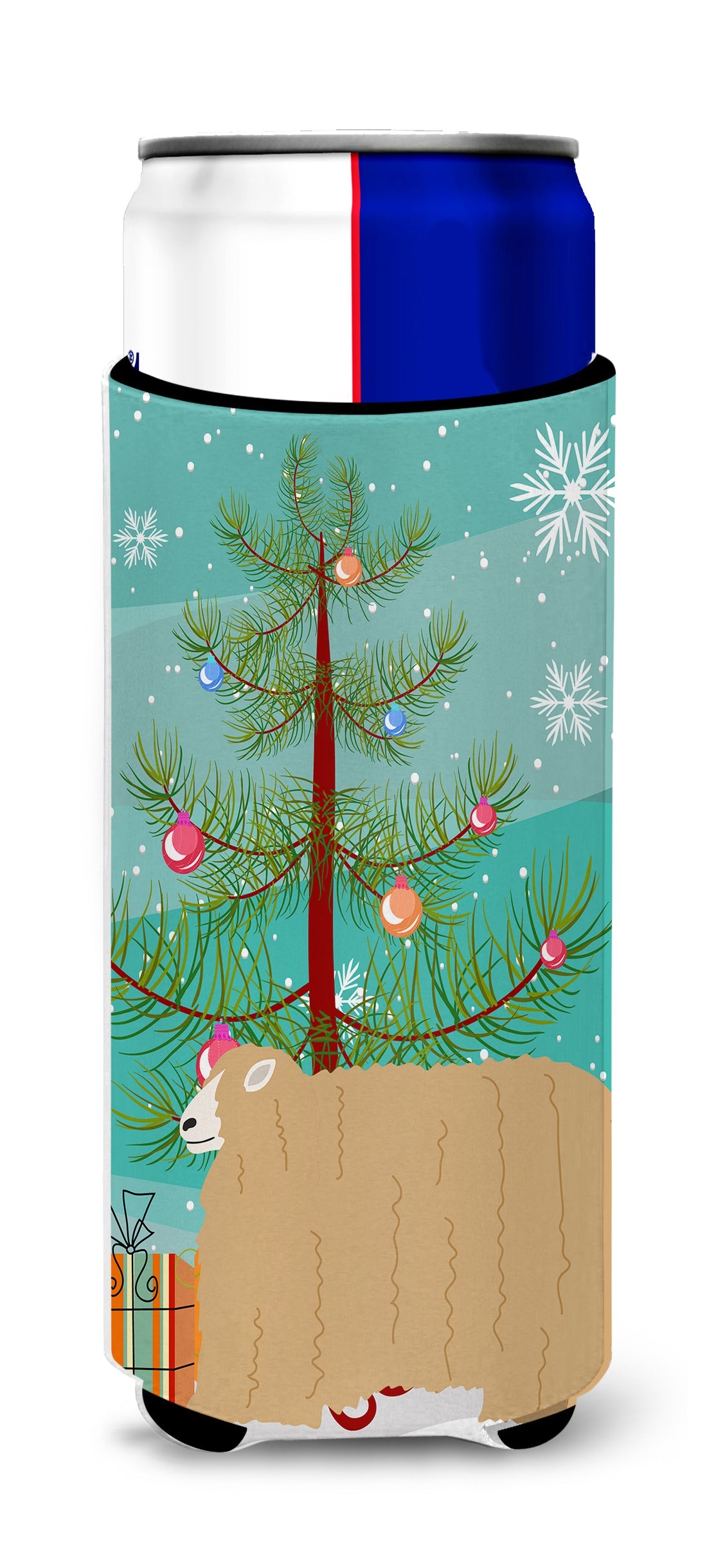 Lincoln Longwool Sheep Christmas Slim Can Hugger , Insulated Foam Hugger for 12 oz Slim Cans, Beer Bottles & Water Bottles, Printed in USA