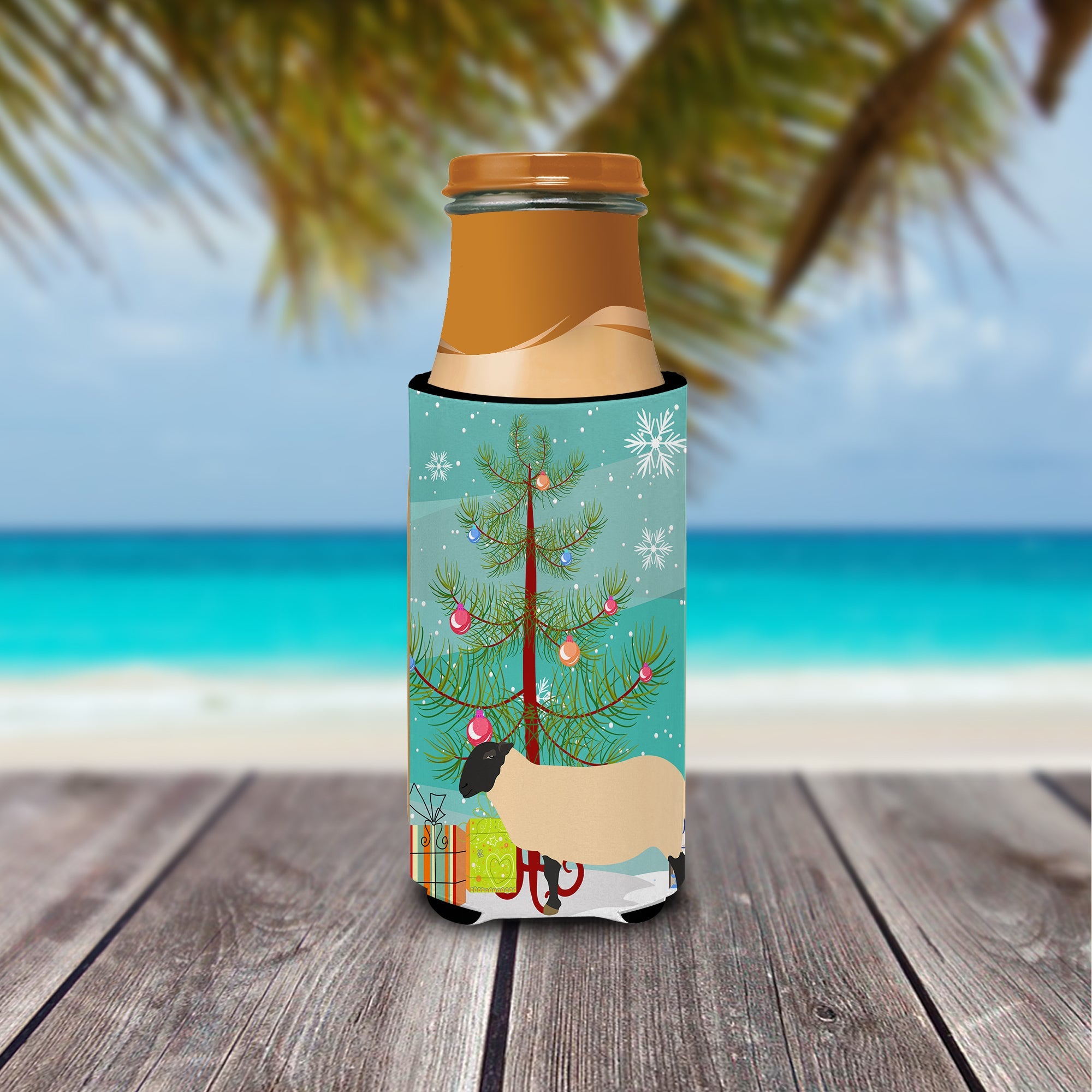 Suffolk Sheep Christmas Slim Can Hugger , Insulated Foam Hugger for 12 oz Slim Cans, Beer Bottles & Water Bottles, Printed in USA