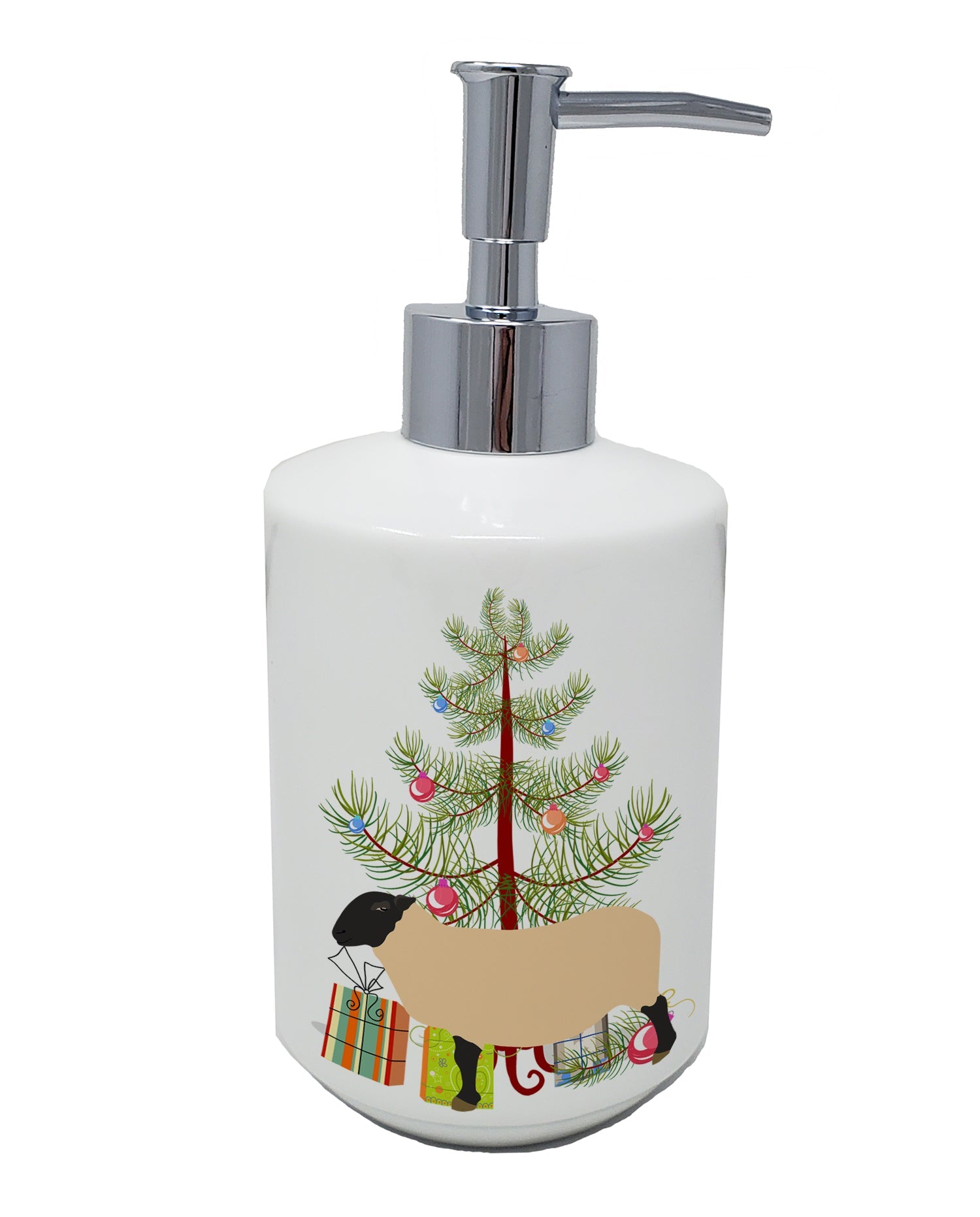 Suffolk Sheep Christmas Ceramic Soap Dispenser , Empty Refillable Hand Soap Pump Bottle for Bathroom Kitchen