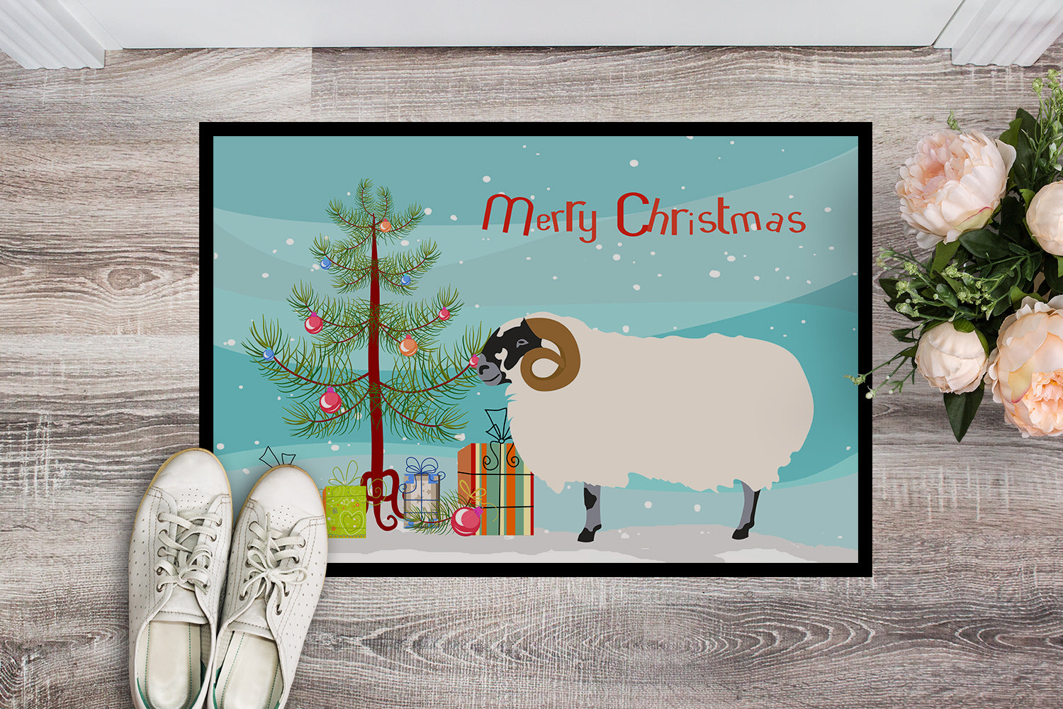 Scottish Blackface Sheep Christmas Doormat Indoor Outdoor 18H X 27W Front Door Mat Rugs for Entryway, Non Slip Washable