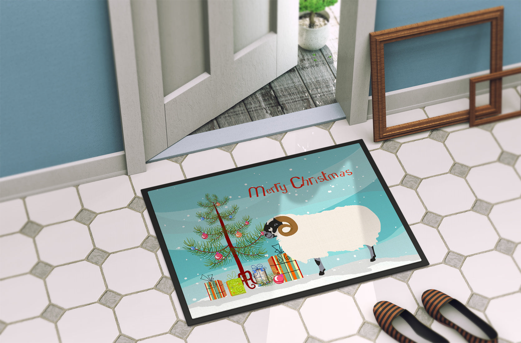 Scottish Blackface Sheep Christmas Doormat Indoor Outdoor 18H X 27W Front Door Mat Rugs for Entryway, Non Slip Washable