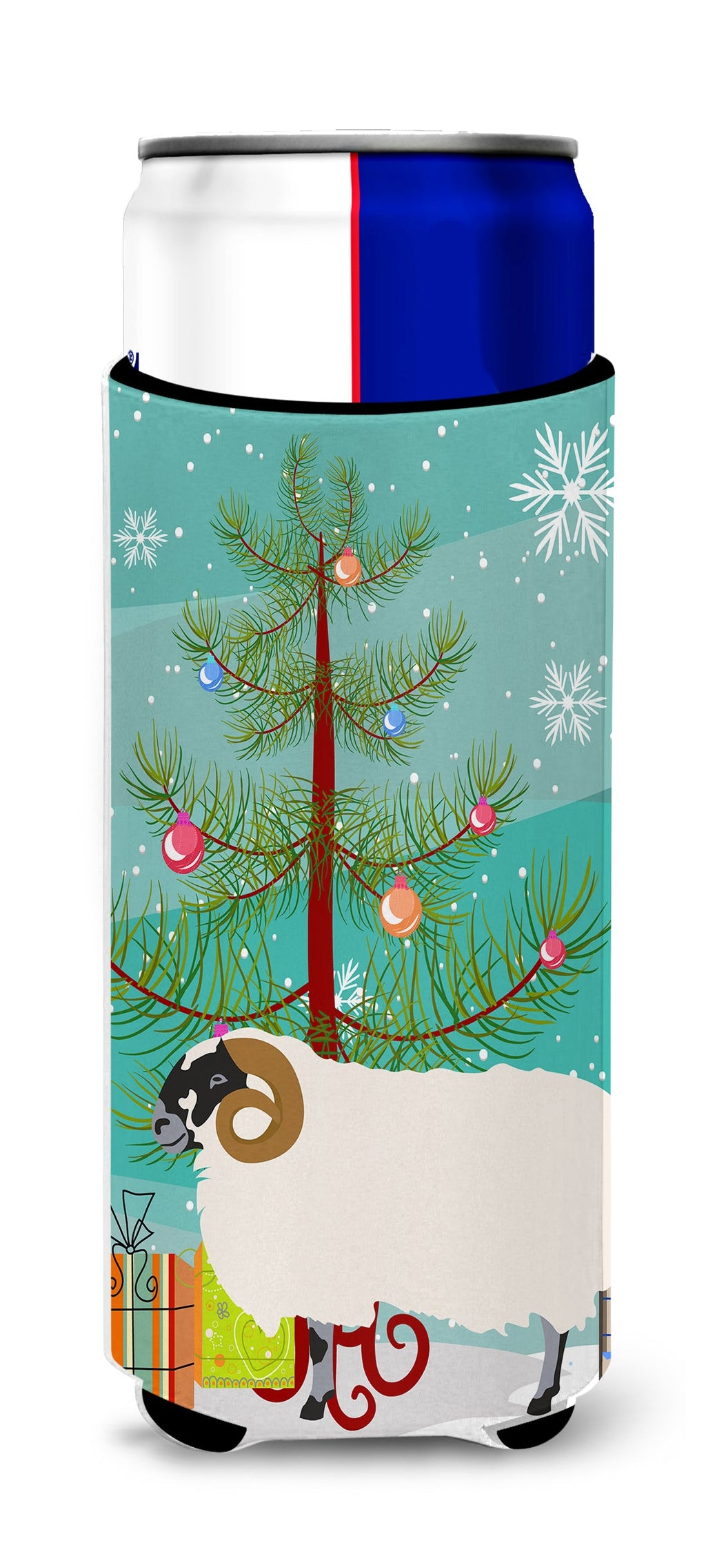 Scottish Blackface Sheep Christmas Slim Can Hugger , Insulated Foam Hugger for 12 oz Slim Cans, Beer Bottles & Water Bottles, Printed in USA