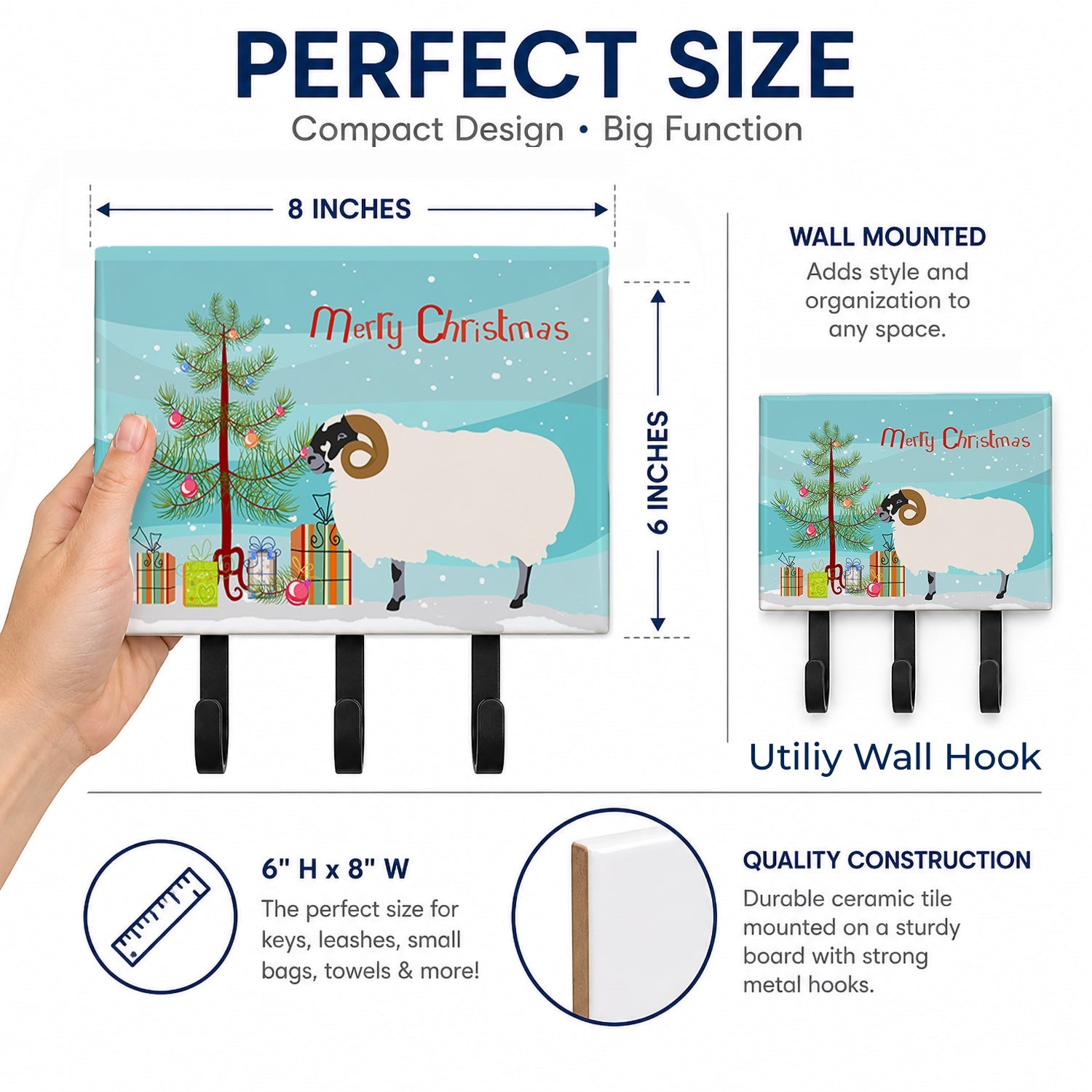 Scottish Blackface Sheep Christmas Leash or Key Holder Wall Hooks, Coat Rack Wall Mount, for Hanging Keys, Towels, Aprons, Leashes