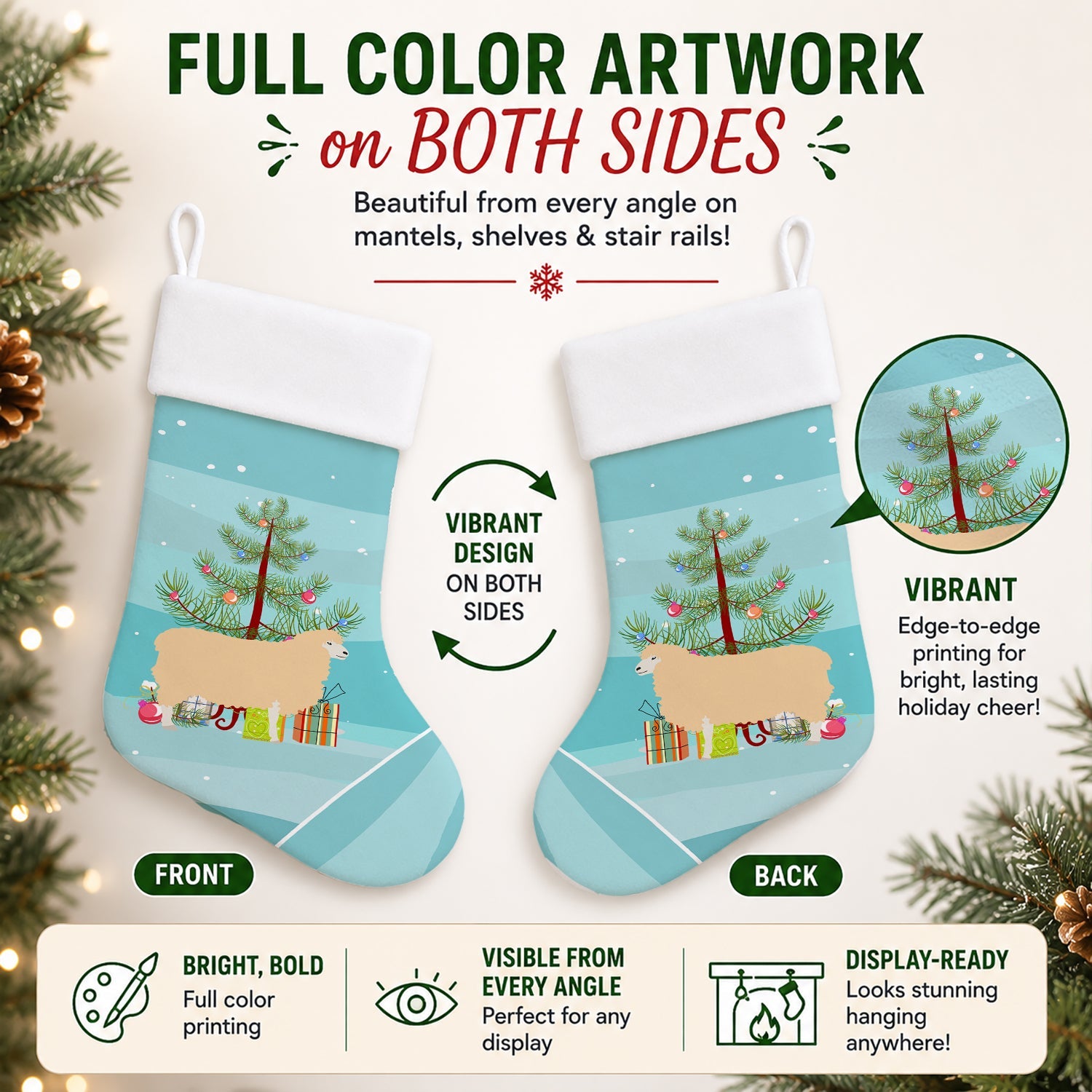 English Leicester Longwool Sheep Christmas Holiday Stocking Double-Sided Print, Polyester Suede,11x18, Made in USA