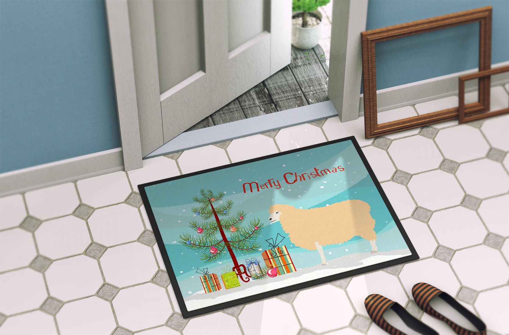 English Leicester Longwool Sheep Christmas Doormat Indoor Outdoor 24H X 36W Front Door Mat Rugs for Entryway, Non Slip Washable Low Pile,