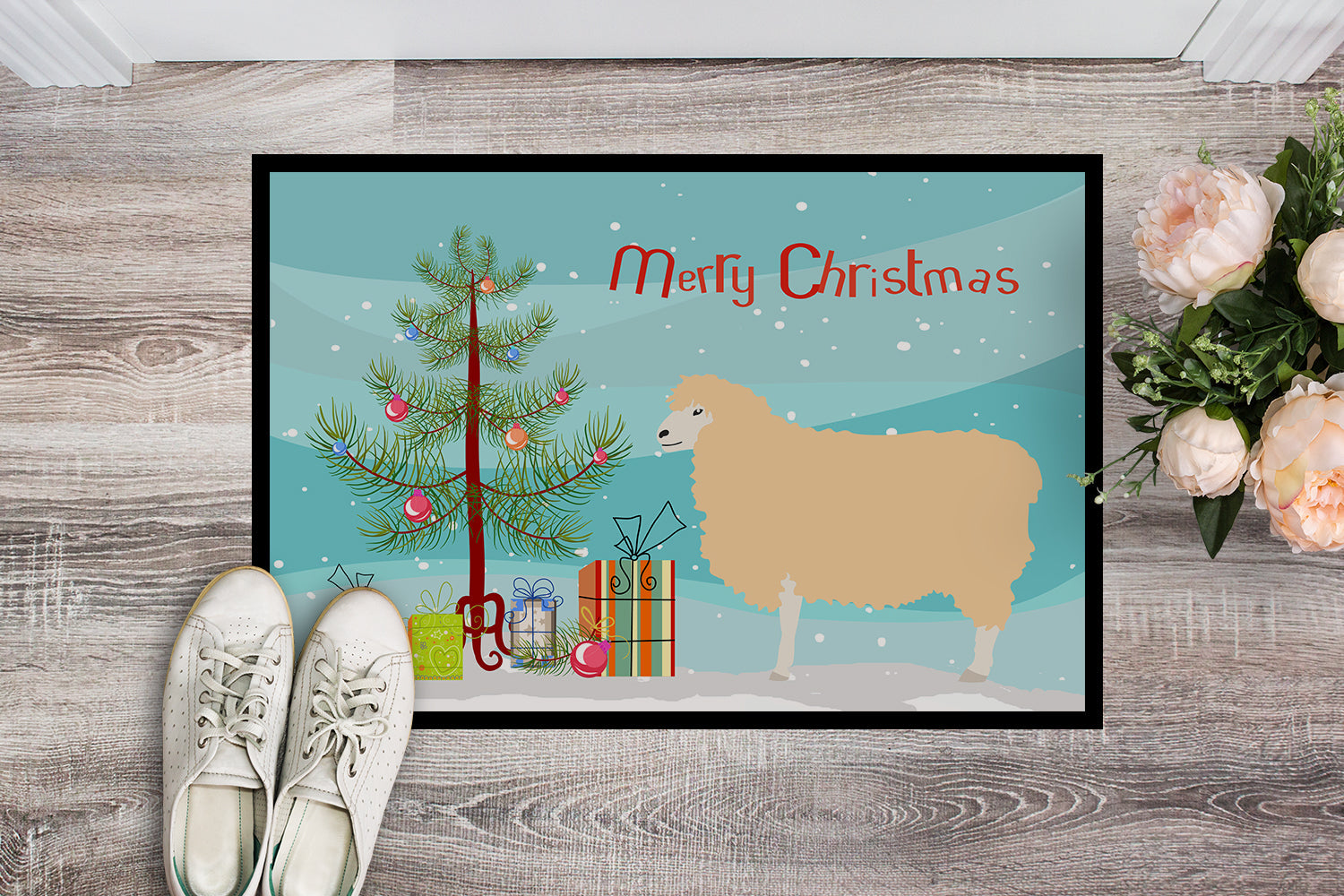 English Leicester Longwool Sheep Christmas Doormat Indoor Outdoor 18H X 27W Front Door Mat Rugs for Entryway, Non Slip Washable