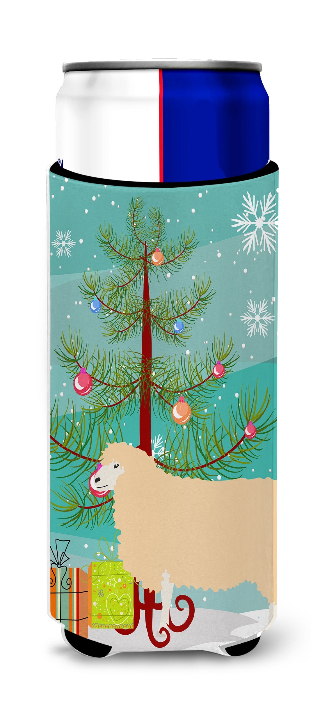English Leicester Longwool Sheep Christmas Slim Can Hugger , Insulated Foam Hugger for 12 oz Slim Cans, Beer Bottles & Water Bottles, Printed in USA