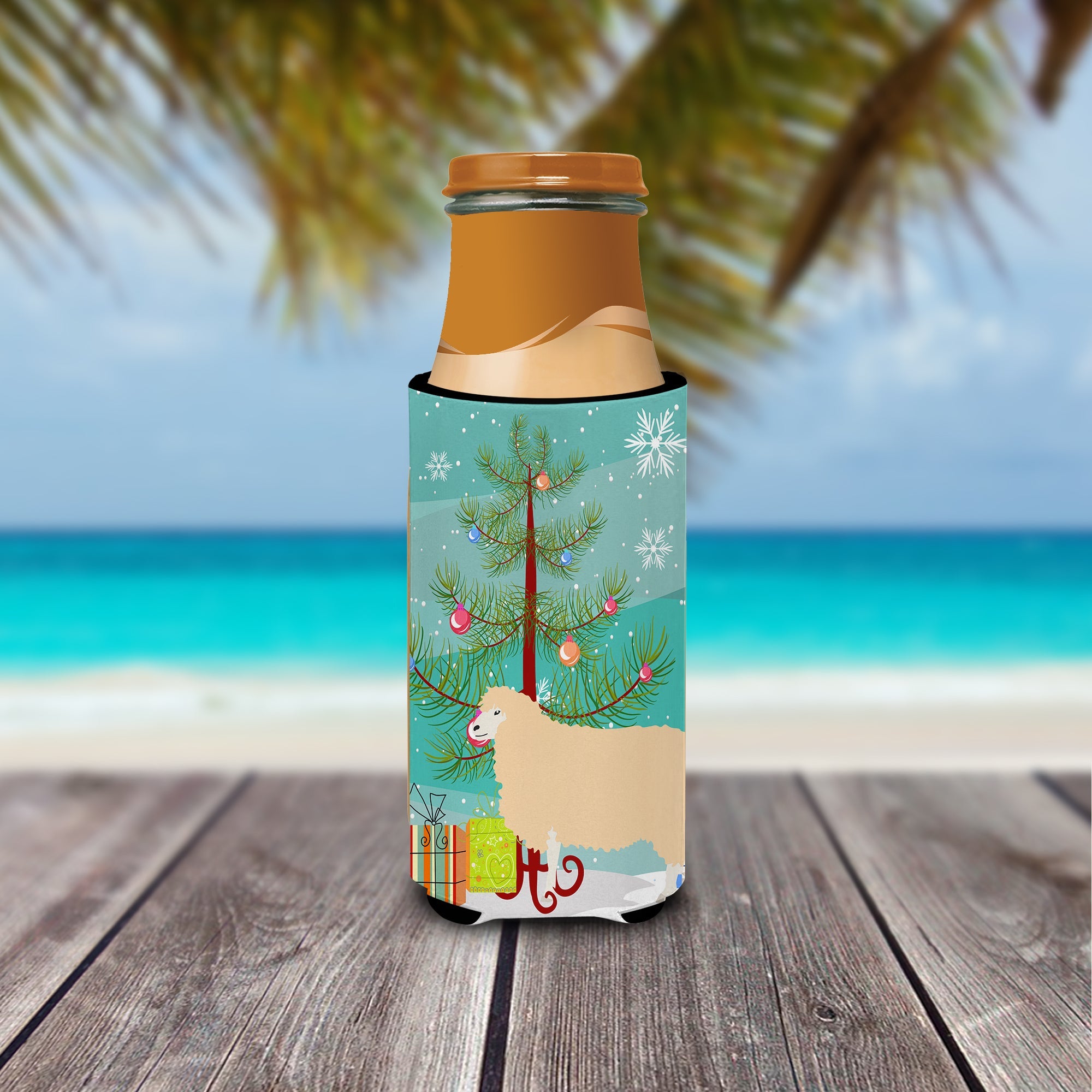 English Leicester Longwool Sheep Christmas Slim Can Hugger , Insulated Foam Hugger for 12 oz Slim Cans, Beer Bottles & Water Bottles, Printed in USA