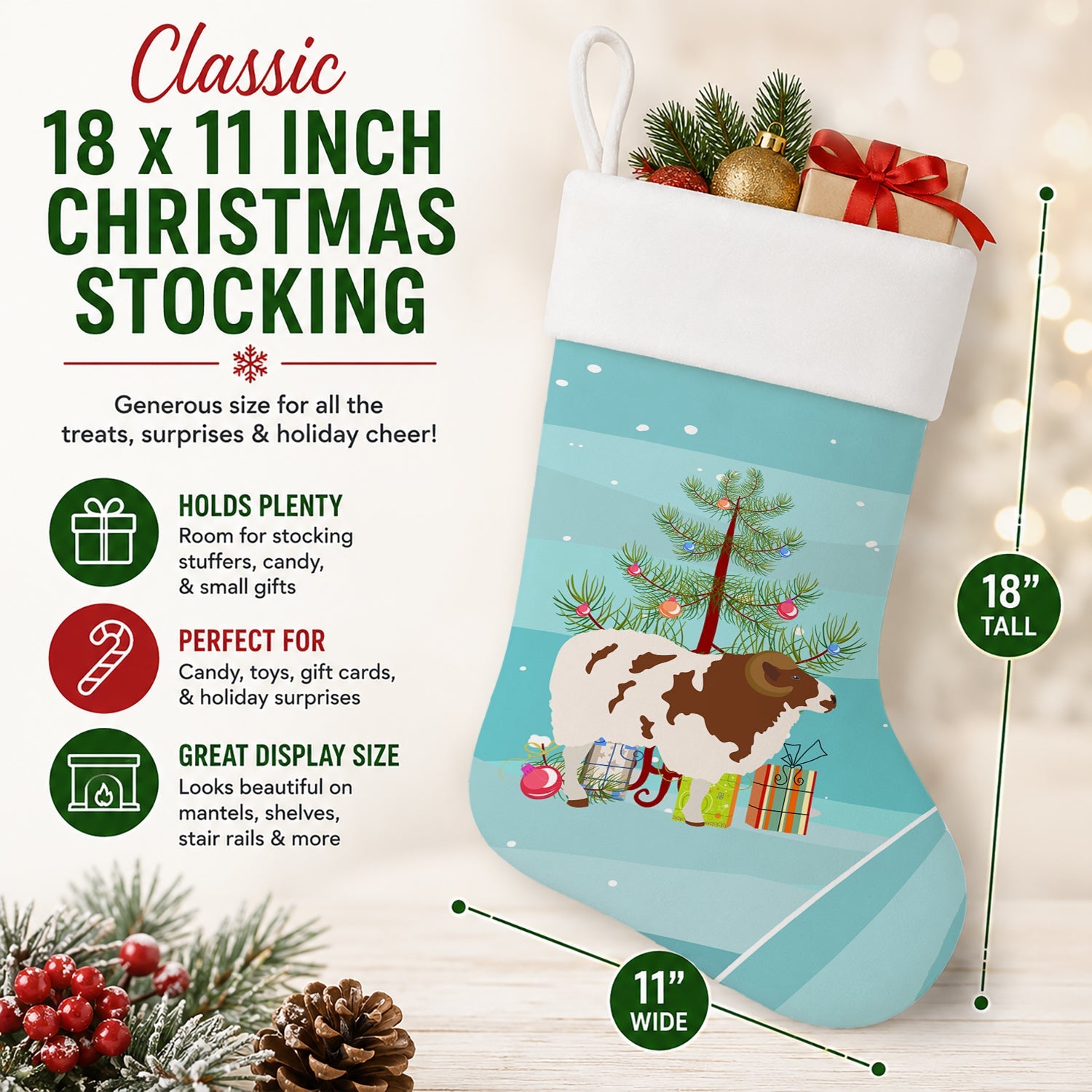 Jacob Sheep Christmas Holiday Stocking Double-Sided Print, Polyester Suede,11x18, Made in USA