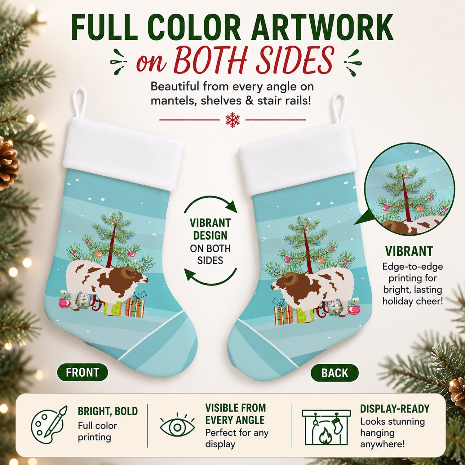 Jacob Sheep Christmas Holiday Stocking Double-Sided Print, Polyester Suede,11x18, Made in USA
