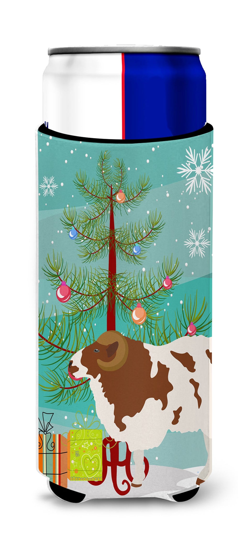 Jacob Sheep Christmas Slim Can Hugger , Insulated Foam Hugger for 12 oz Slim Cans, Beer Bottles & Water Bottles, Printed in USA