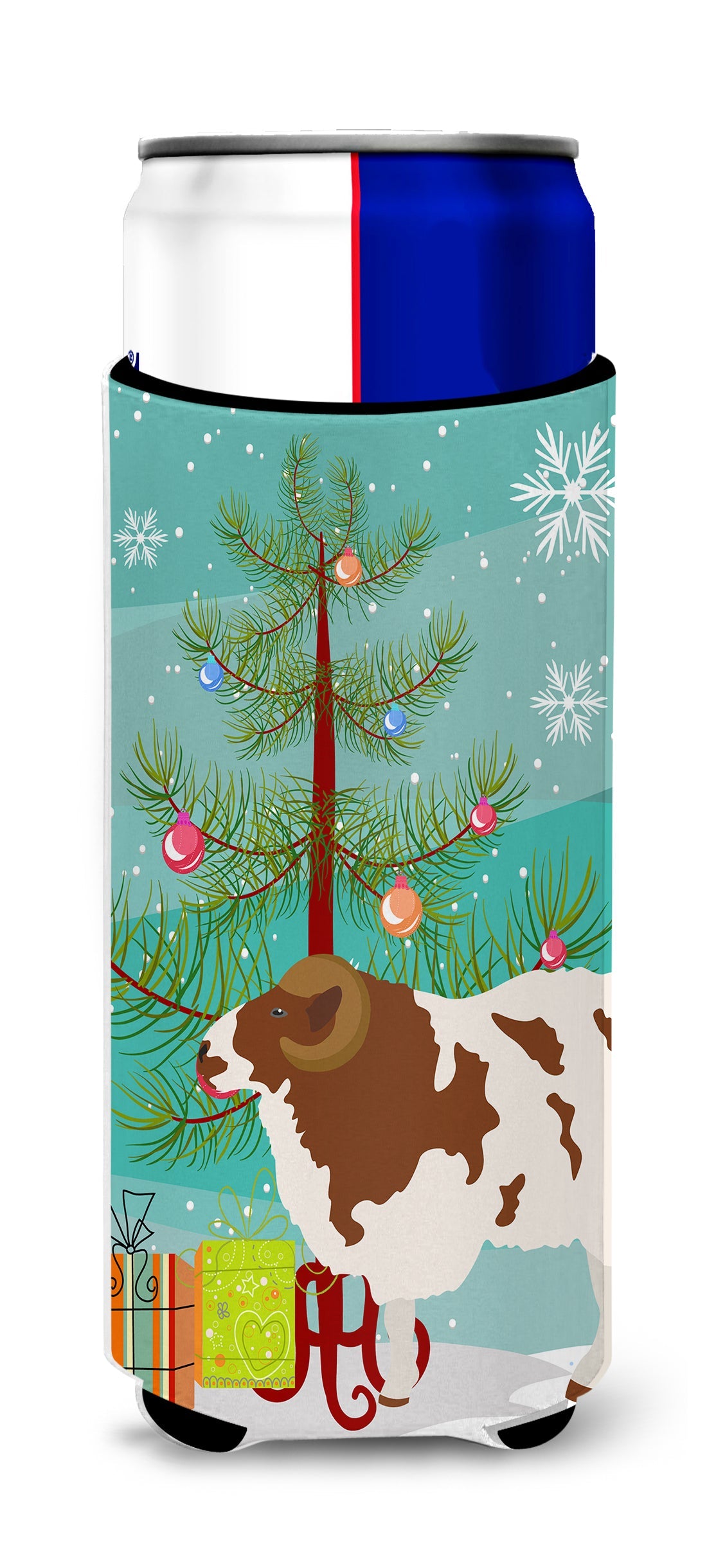 Jacob Sheep Christmas Slim Can Hugger , Insulated Foam Hugger for 12 oz Slim Cans, Beer Bottles & Water Bottles, Printed in USA