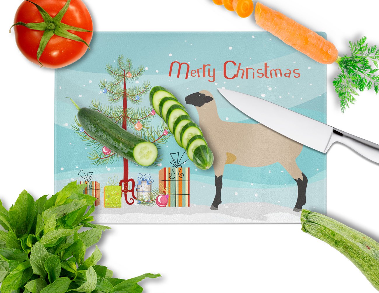 Hampshire Down Sheep Christmas Cutting Board Tempered Glass Kitchen Cutting Surface, Heat Resistant Chopping, Non-Slip Feet, Food Prep & Serving