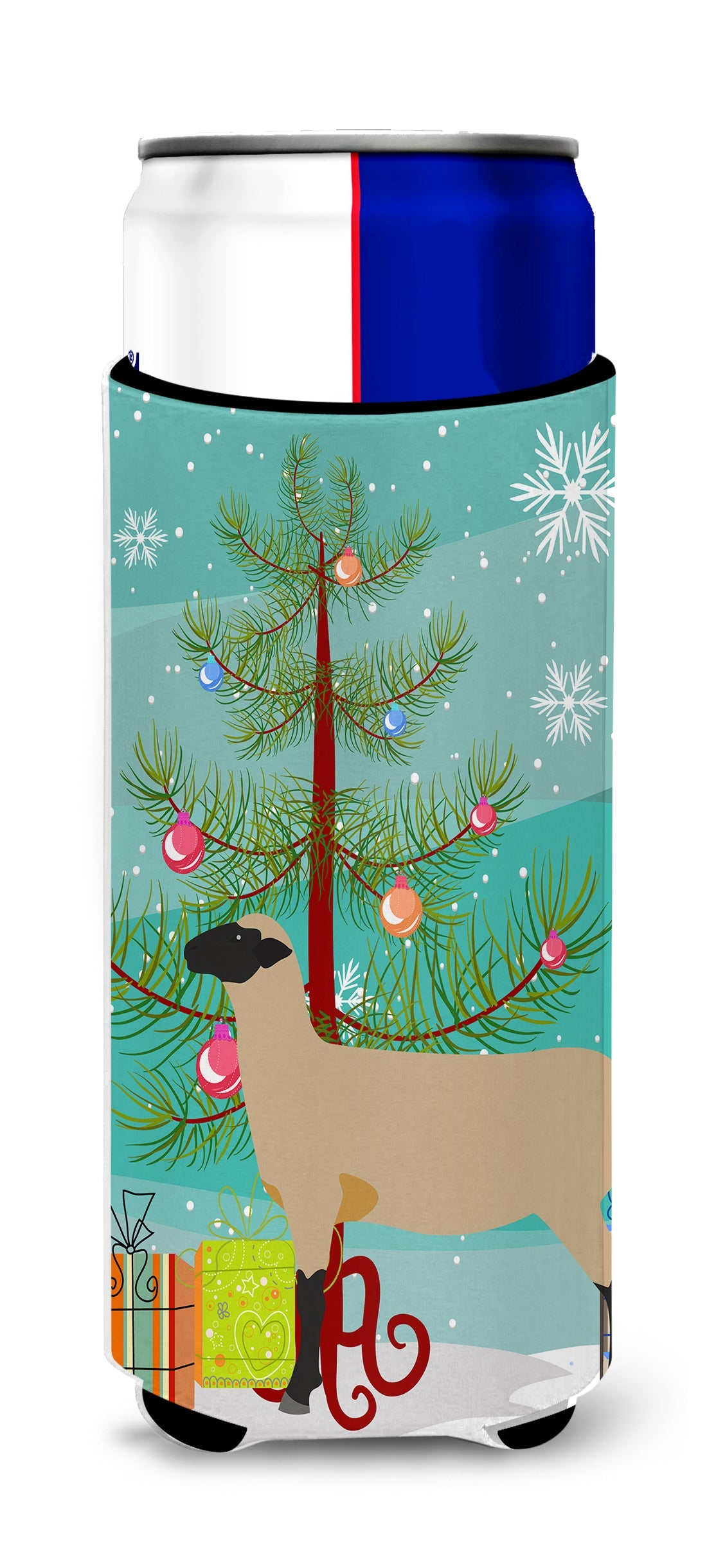 Hampshire Down Sheep Christmas Slim Can Hugger , Insulated Foam Hugger for 12 oz Slim Cans, Beer Bottles & Water Bottles, Printed in USA