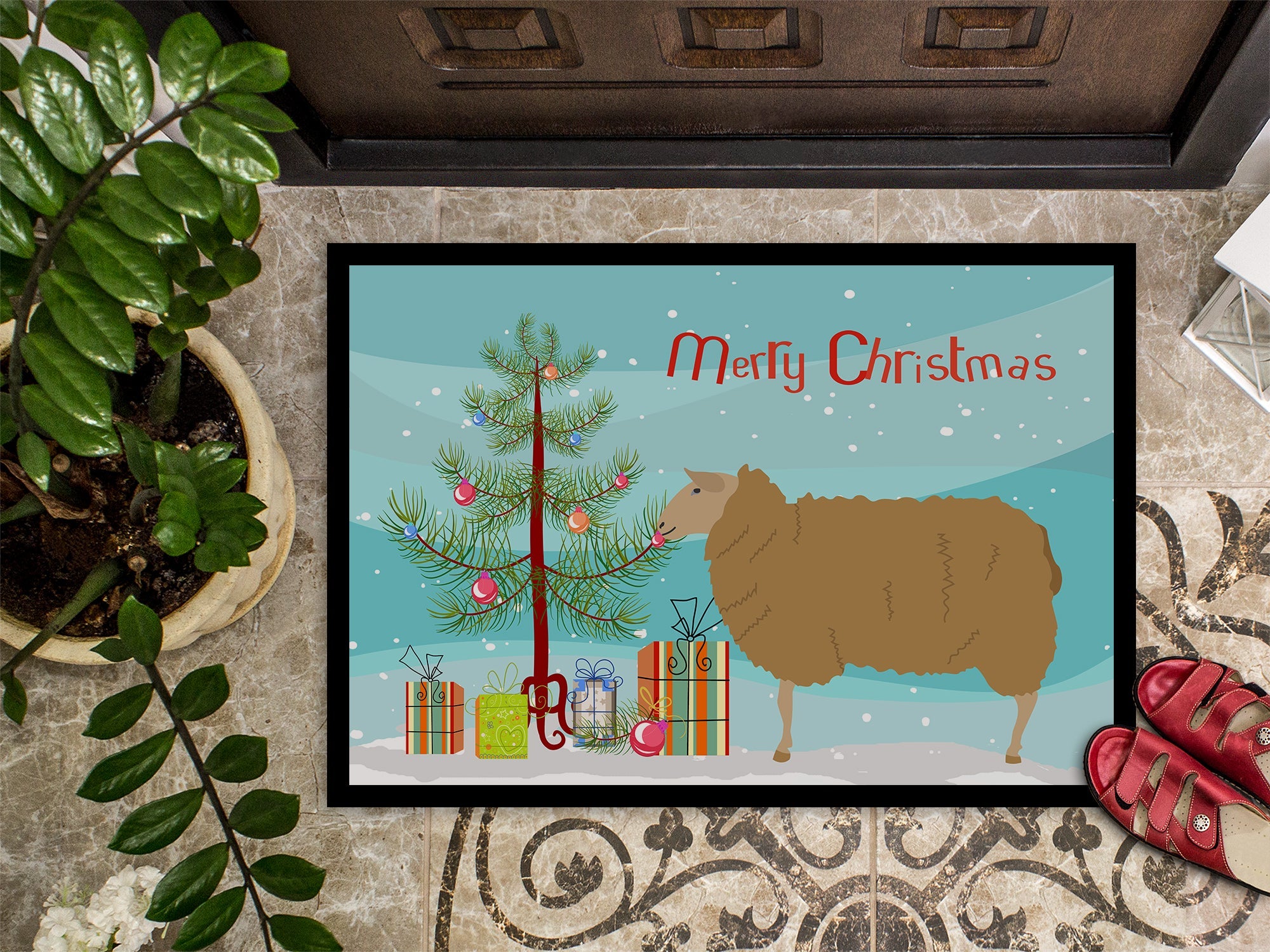 East Friesian Sheep Christmas Doormat Indoor Outdoor 18H X 27W Front Door Mat Rugs for Entryway, Non Slip Washable