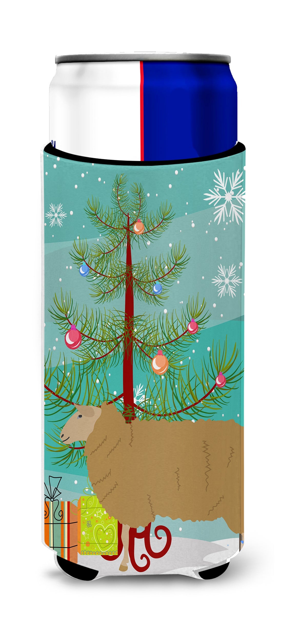 East Friesian Sheep Christmas Slim Can Hugger , Insulated Foam Hugger for 12 oz Slim Cans, Beer Bottles & Water Bottles, Printed in USA