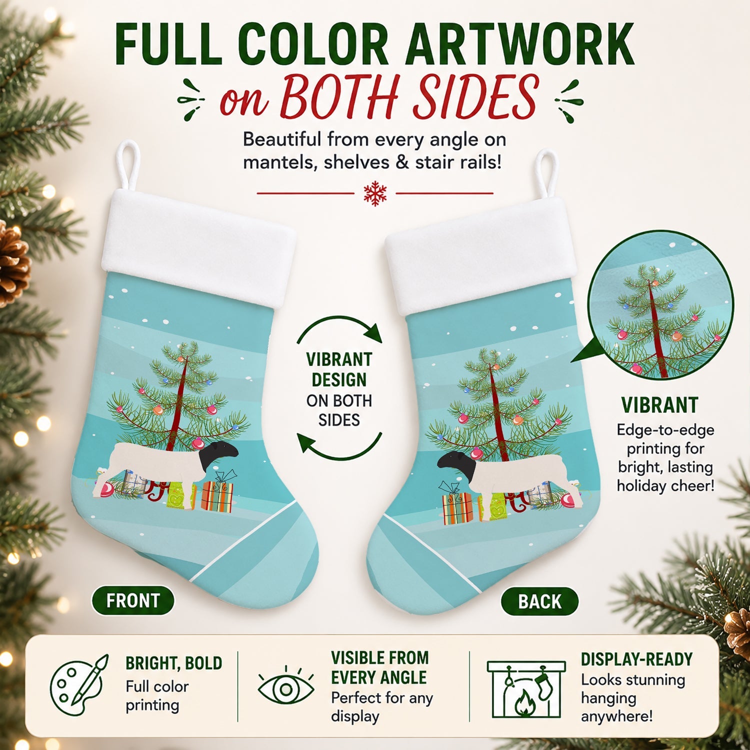 Dorper Sheep Christmas Holiday Stocking Double-Sided Print, Polyester Suede,11x18, Made in USA