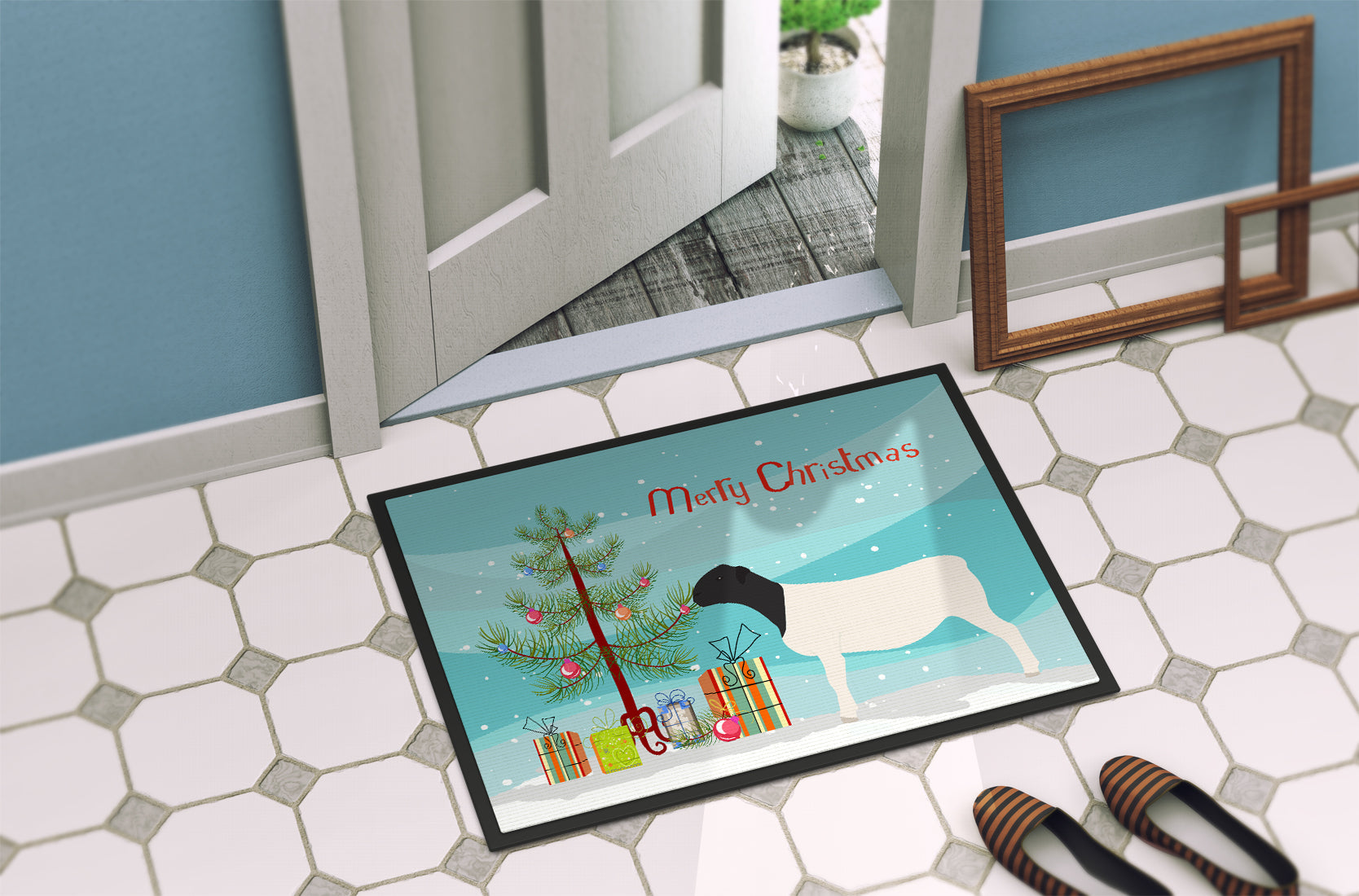 Dorper Sheep Christmas Doormat Indoor Outdoor 18H X 27W Front Door Mat Rugs for Entryway, Non Slip Washable