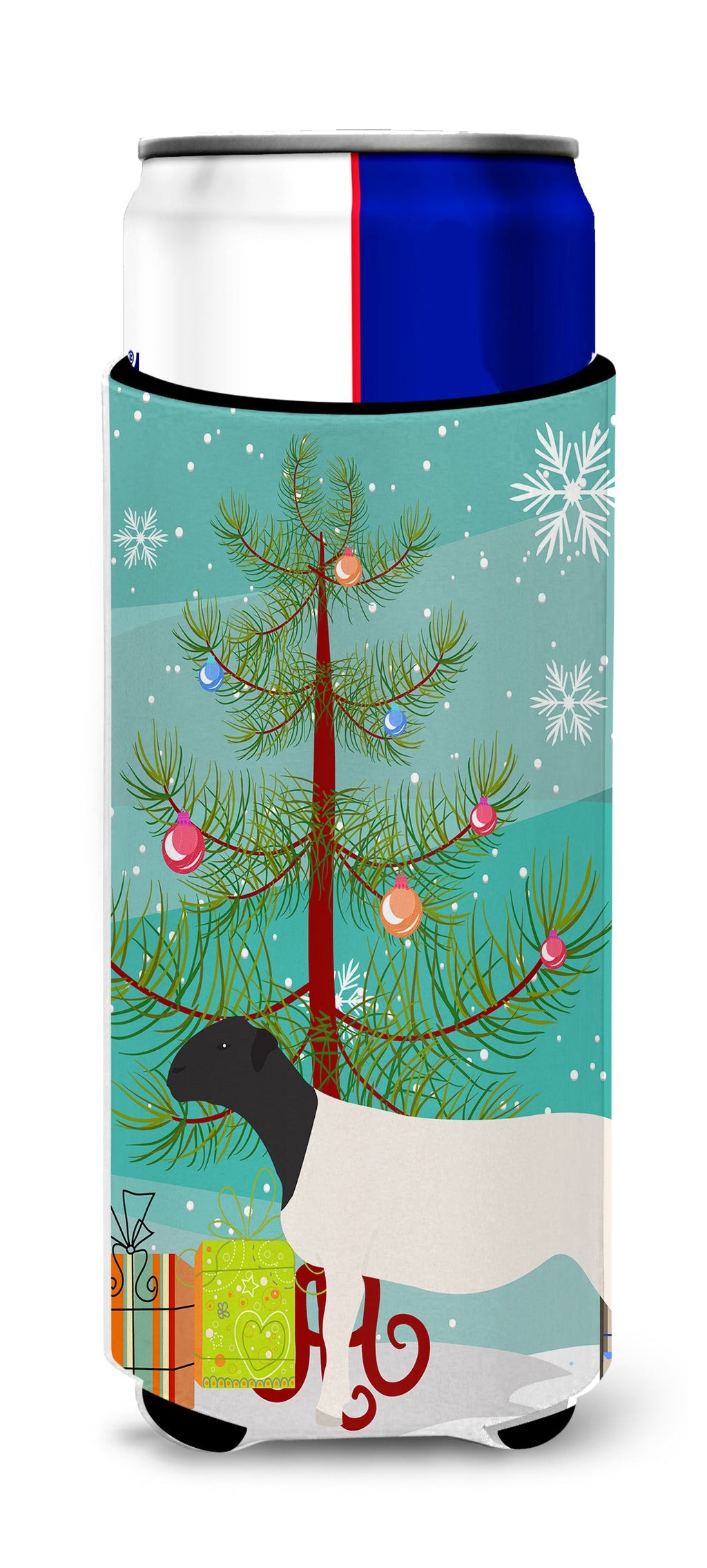 Dorper Sheep Christmas Slim Can Hugger , Insulated Foam Hugger for 12 oz Slim Cans, Beer Bottles & Water Bottles, Printed in USA