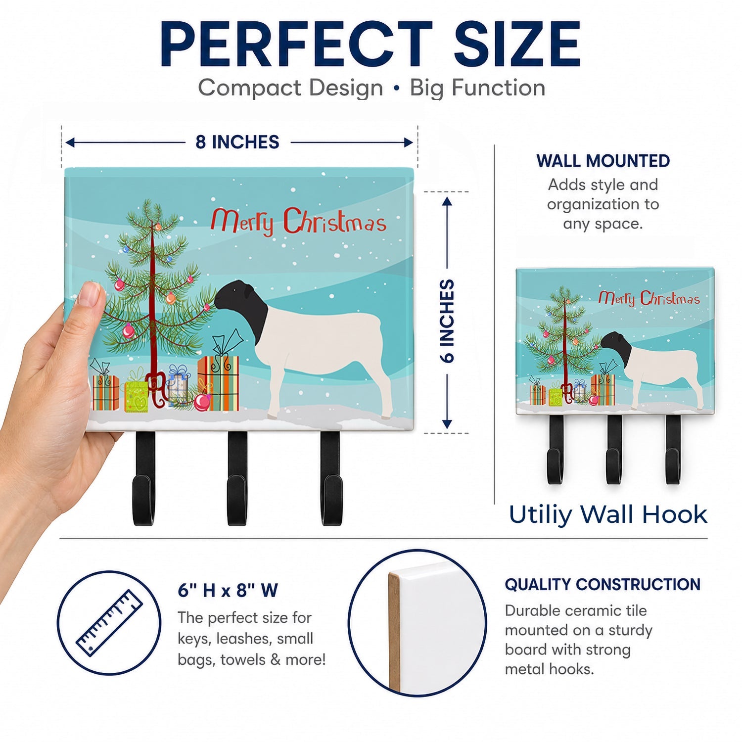 Dorper Sheep Christmas Leash or Key Holder Wall Hooks, Coat Rack Wall Mount, for Hanging Keys, Towels, Aprons, Leashes