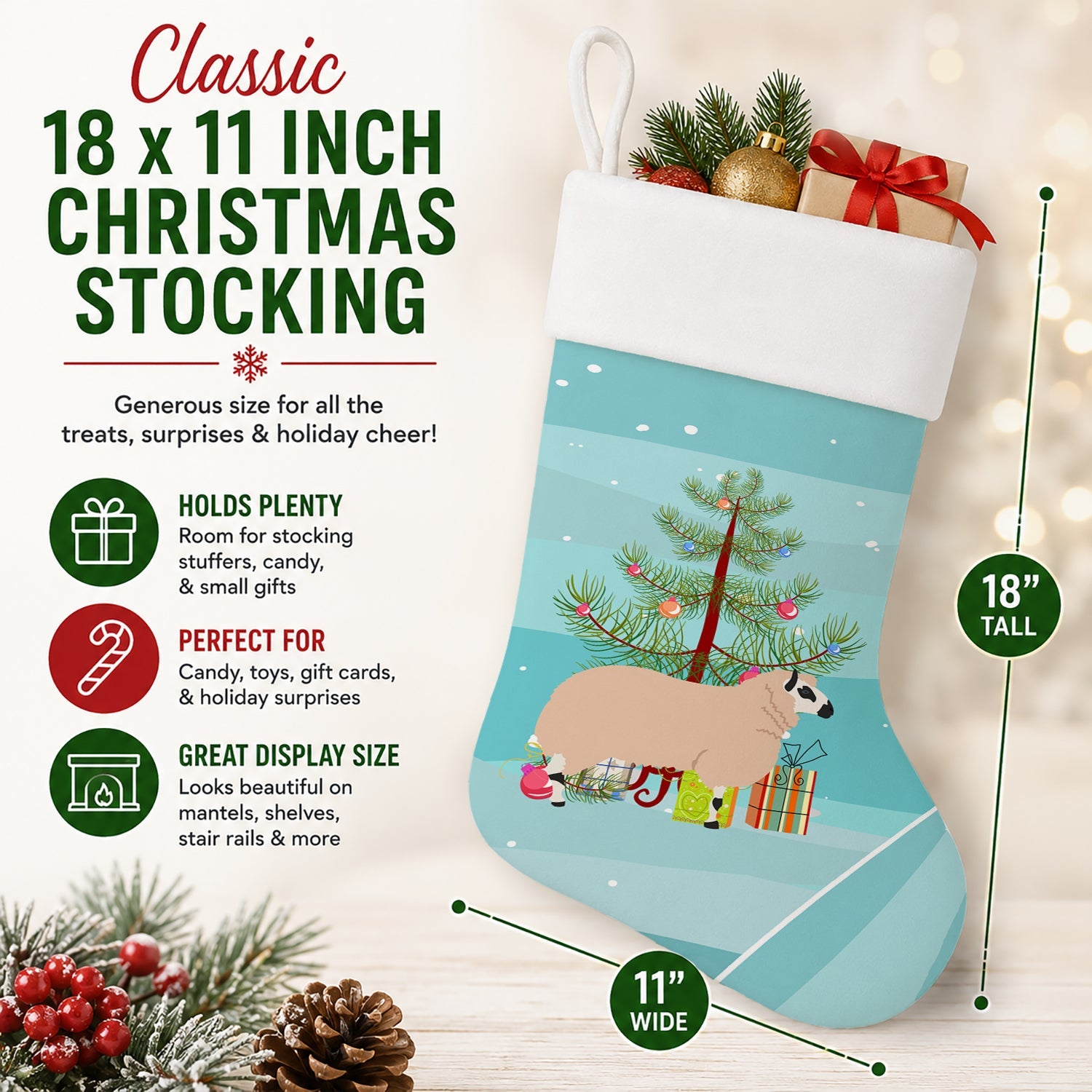 Kerry Hill Sheep Christmas Holiday Stocking Double-Sided Print, Polyester Suede,11x18, Made in USA
