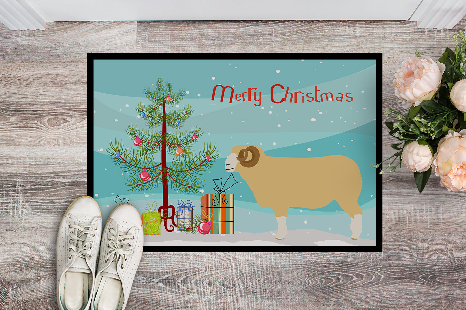 Horned Dorset Sheep Christmas Doormat Indoor Outdoor 18H X 27W Front Door Mat Rugs for Entryway, Non Slip Washable