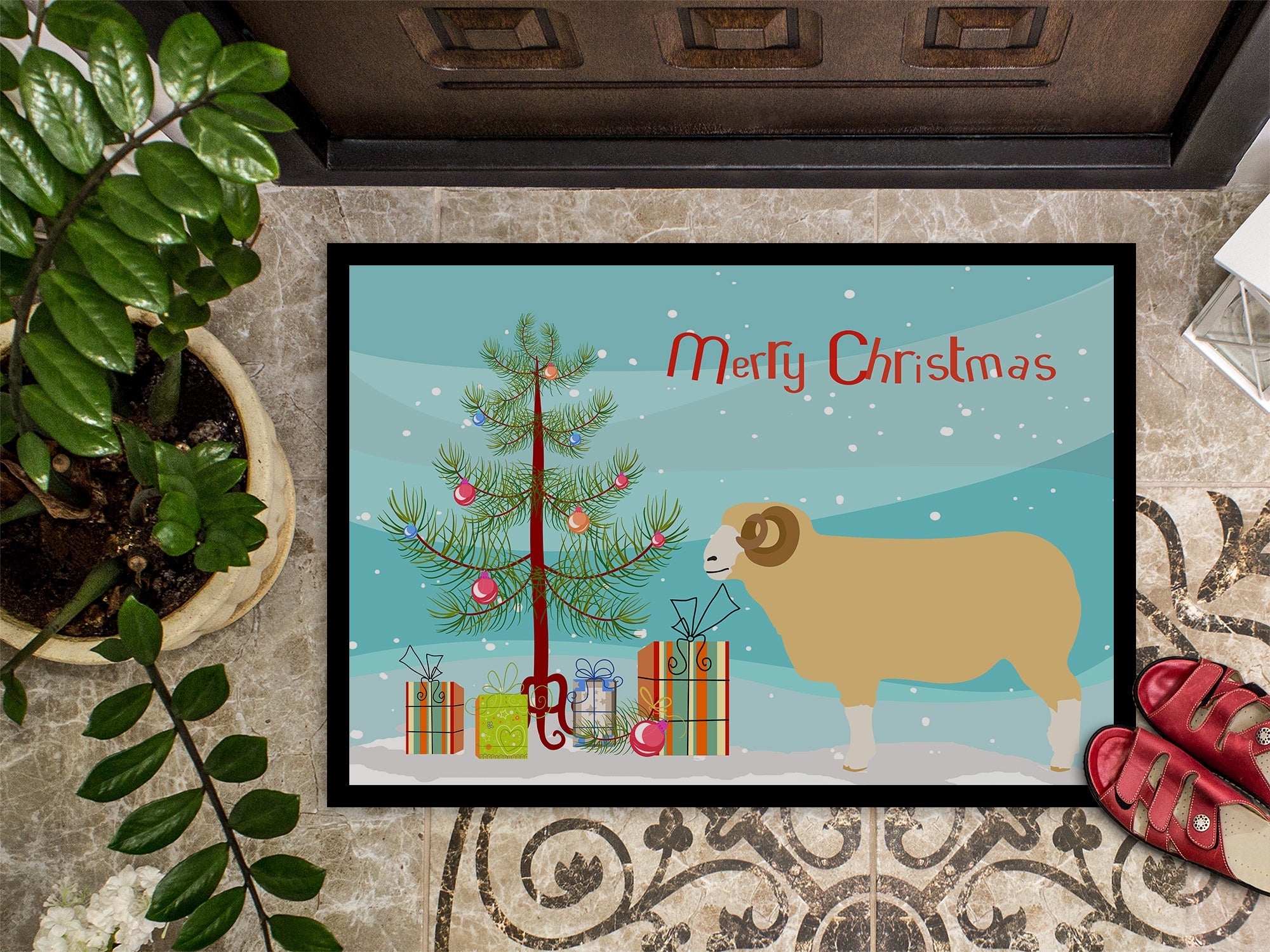 Horned Dorset Sheep Christmas Doormat Indoor Outdoor 18H X 27W Front Door Mat Rugs for Entryway, Non Slip Washable