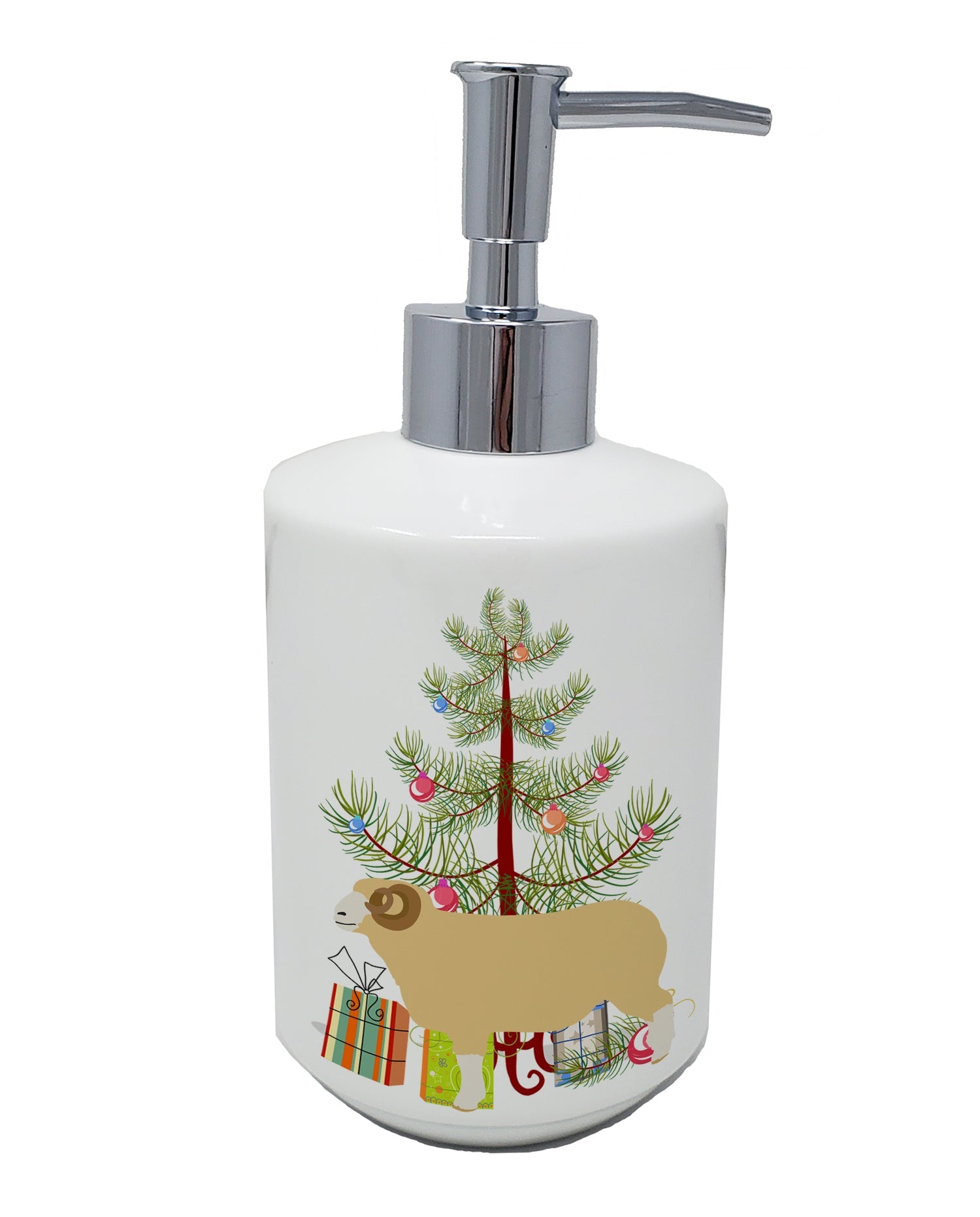 Horned Dorset Sheep Christmas Ceramic Soap Dispenser , Empty Refillable Hand Soap Pump Bottle for Bathroom Kitchen