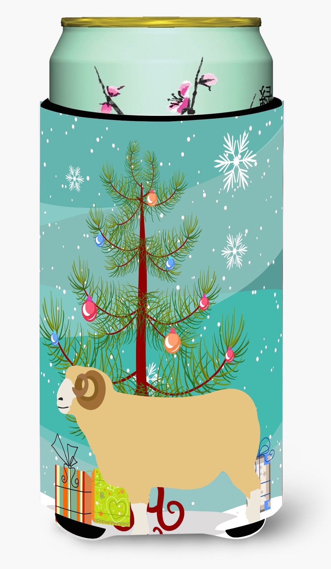 Horned Dorset Sheep Christmas Tall Boy Hugger Can Cooler Sleeve Machine Washable Drink Collapsible Insulator Beverage Insulated Holder