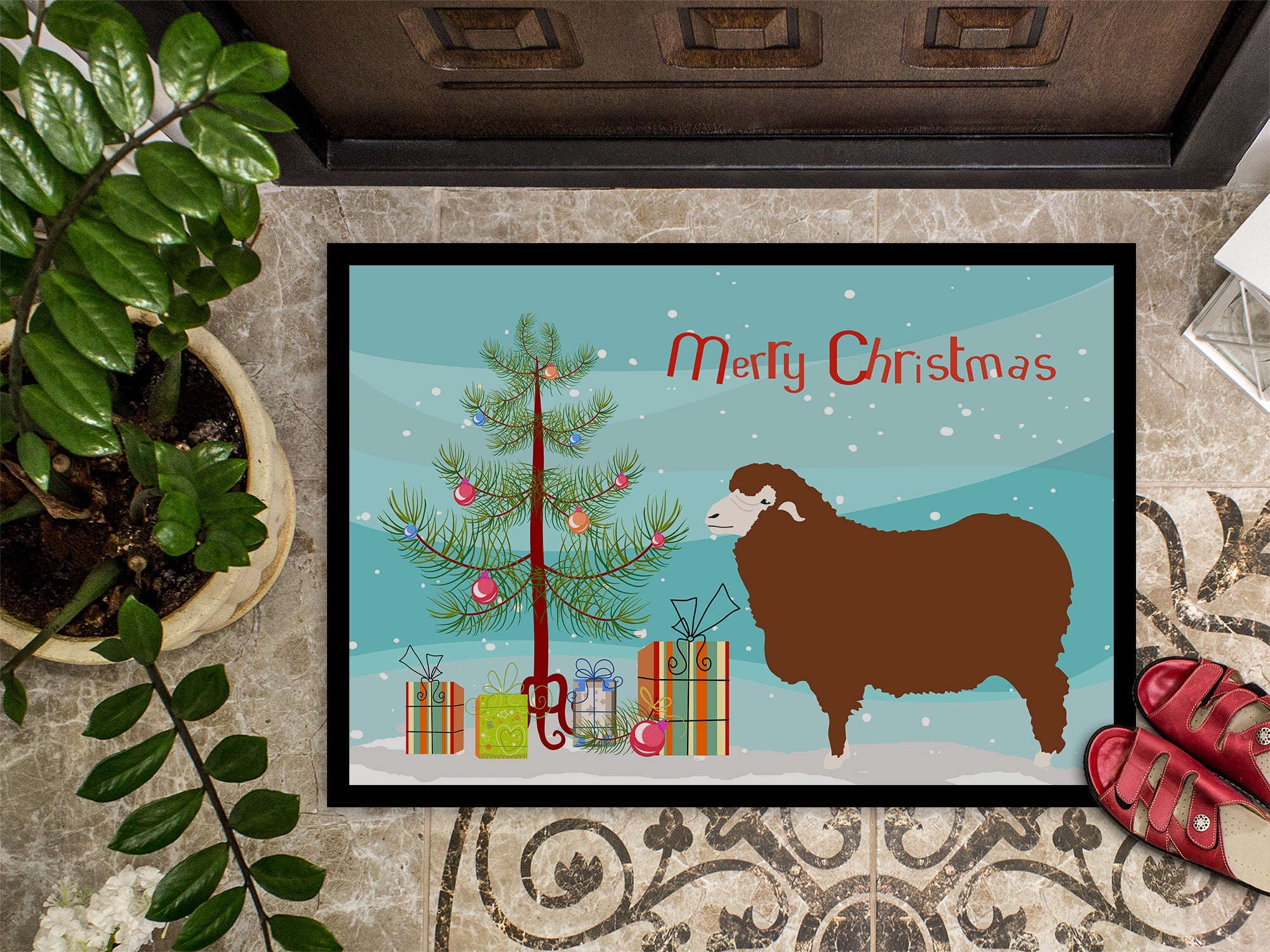 Merino Sheep Christmas Doormat Indoor Outdoor 18H X 27W Front Door Mat Rugs for Entryway, Non Slip Washable