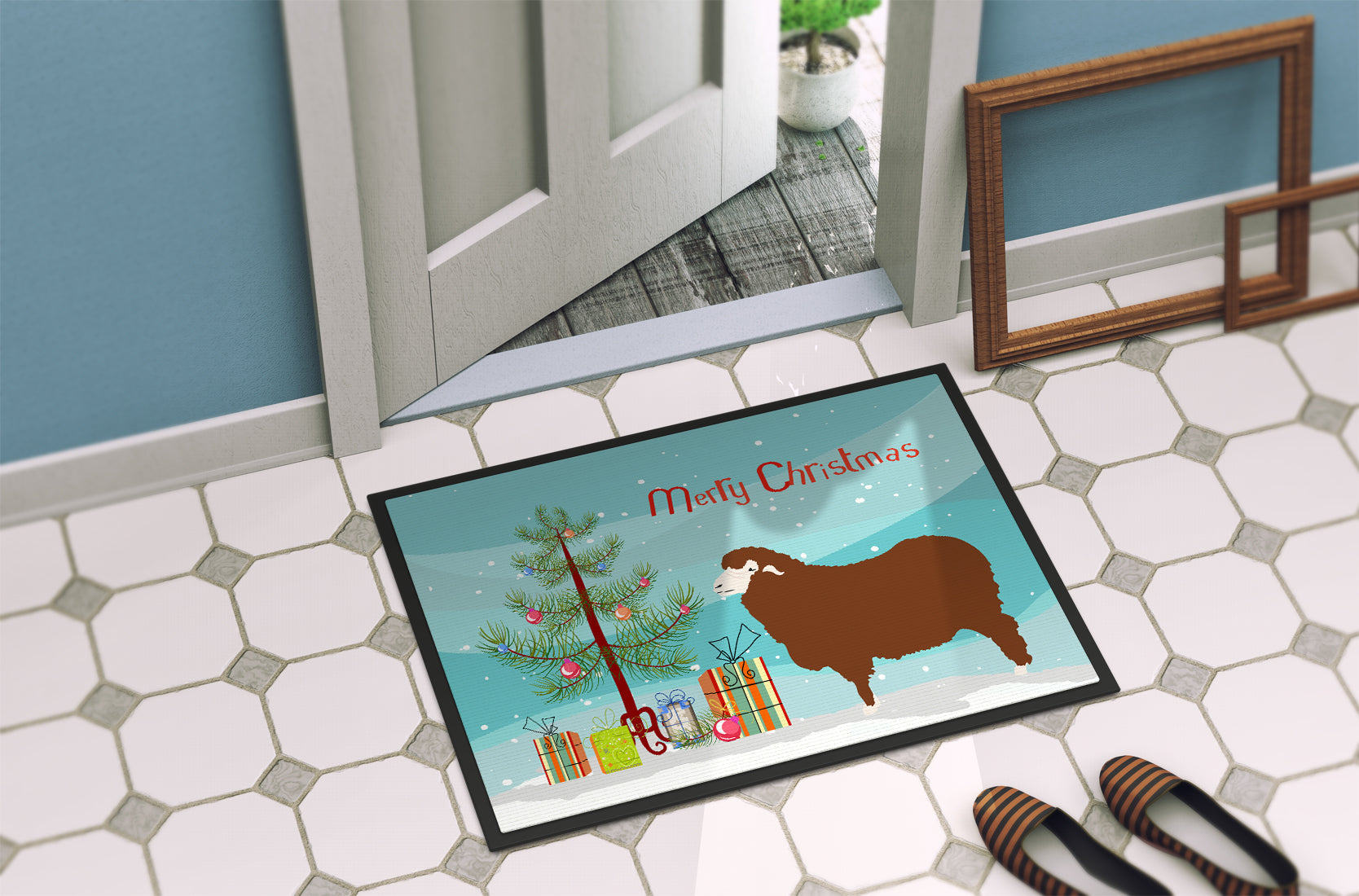 Merino Sheep Christmas Doormat Indoor Outdoor 18H X 27W Front Door Mat Rugs for Entryway, Non Slip Washable